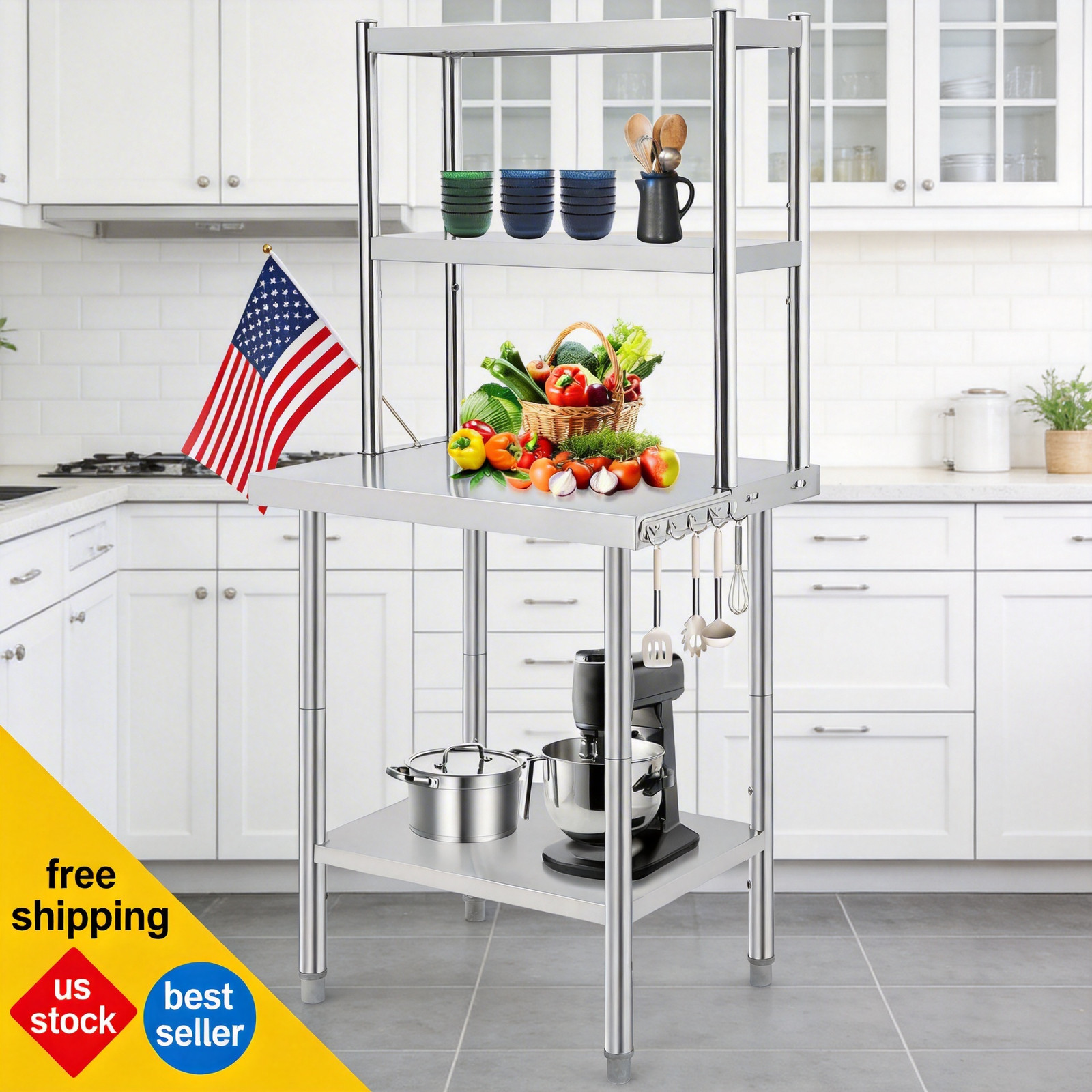30×24 Inch, Total Height 65 Inches Heavy Duty Stainless Steel Work Table