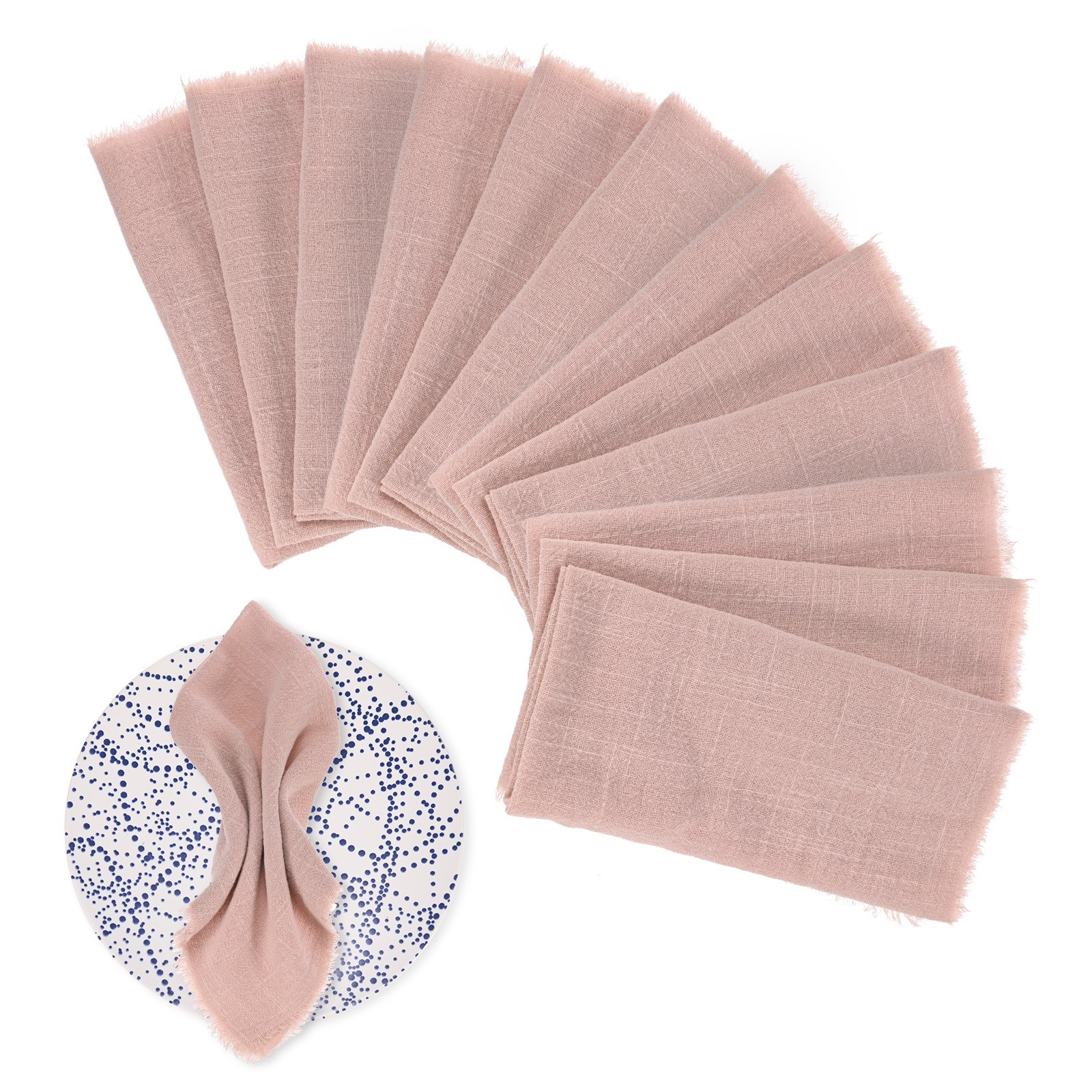 12-Pack 17″ x 17″( L x W ) Cotton Linen Fall Napkins with Fringe [Peach Pink]