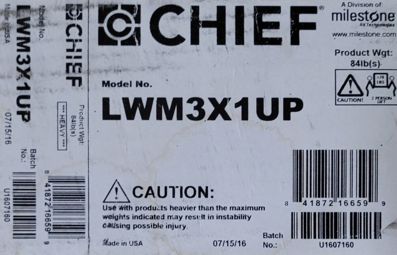 Chief LWM3X1UP Fusion Large Wall 3×1 Menu Board Hardware Mount