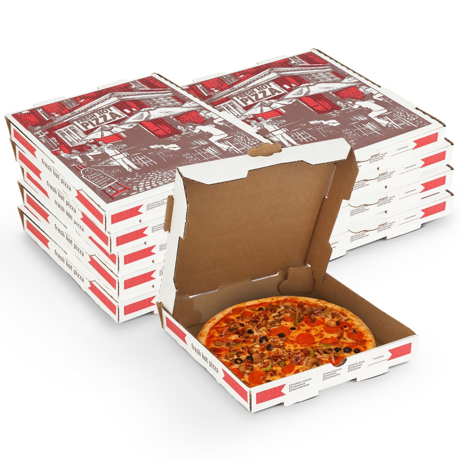 MT Products White and Red B-Flute Pizza Boxes 18″ x 18″ x 2″ – Pack of 10
