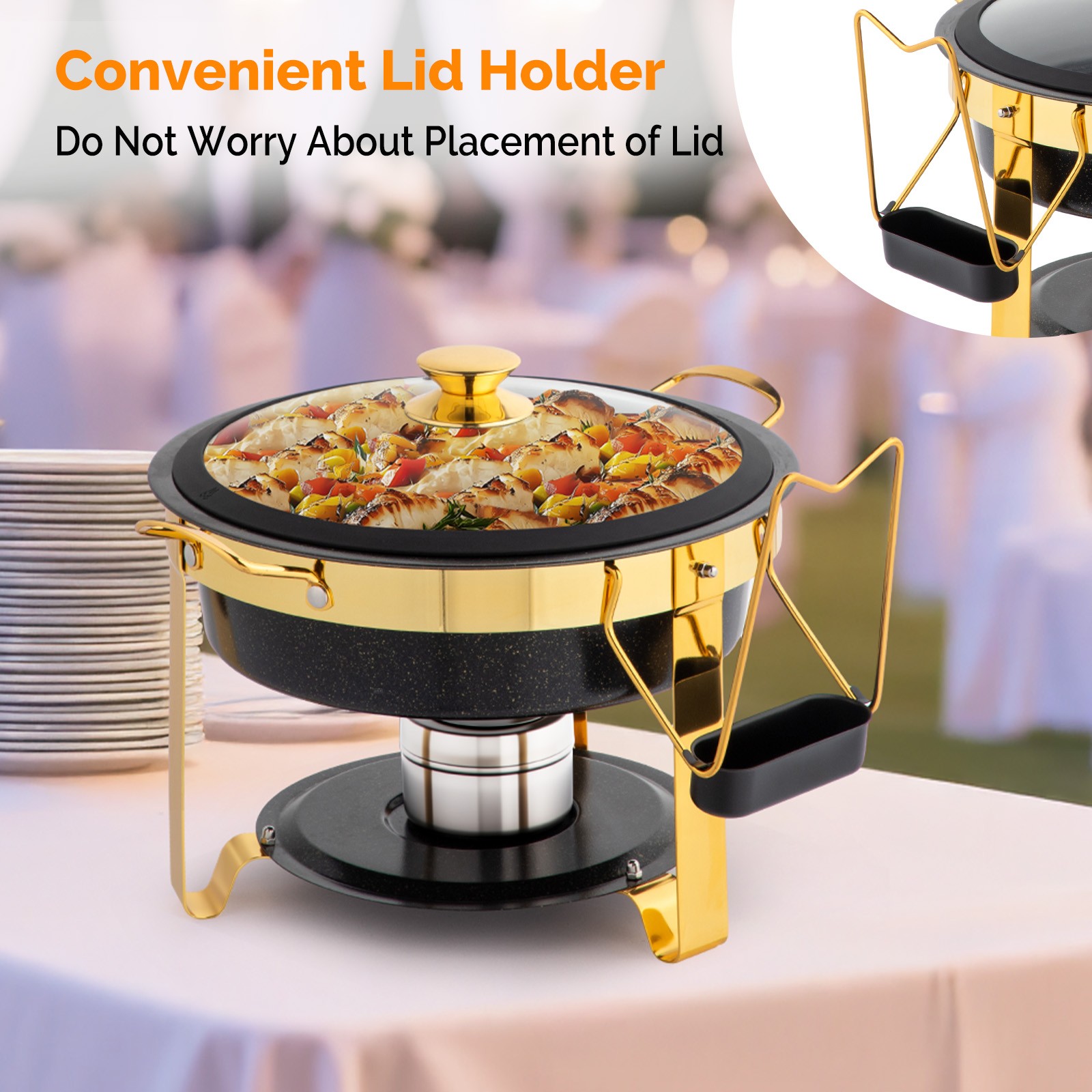 4-Pack 5QT Chafing Dish Set with Visible Glass Lid & Removable Lid Holder Black