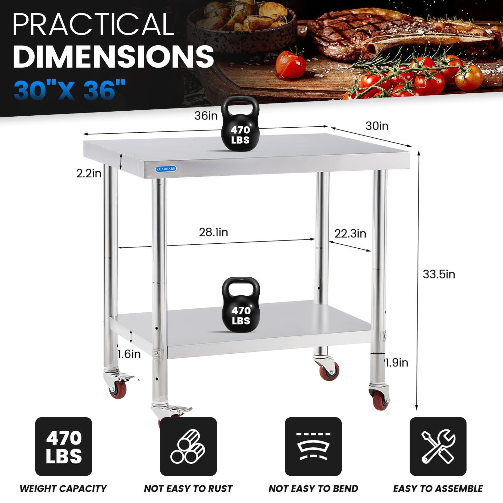 Stainless Steel Table for Prep & Work with 4 Caster Wheels with Undershelf 30…