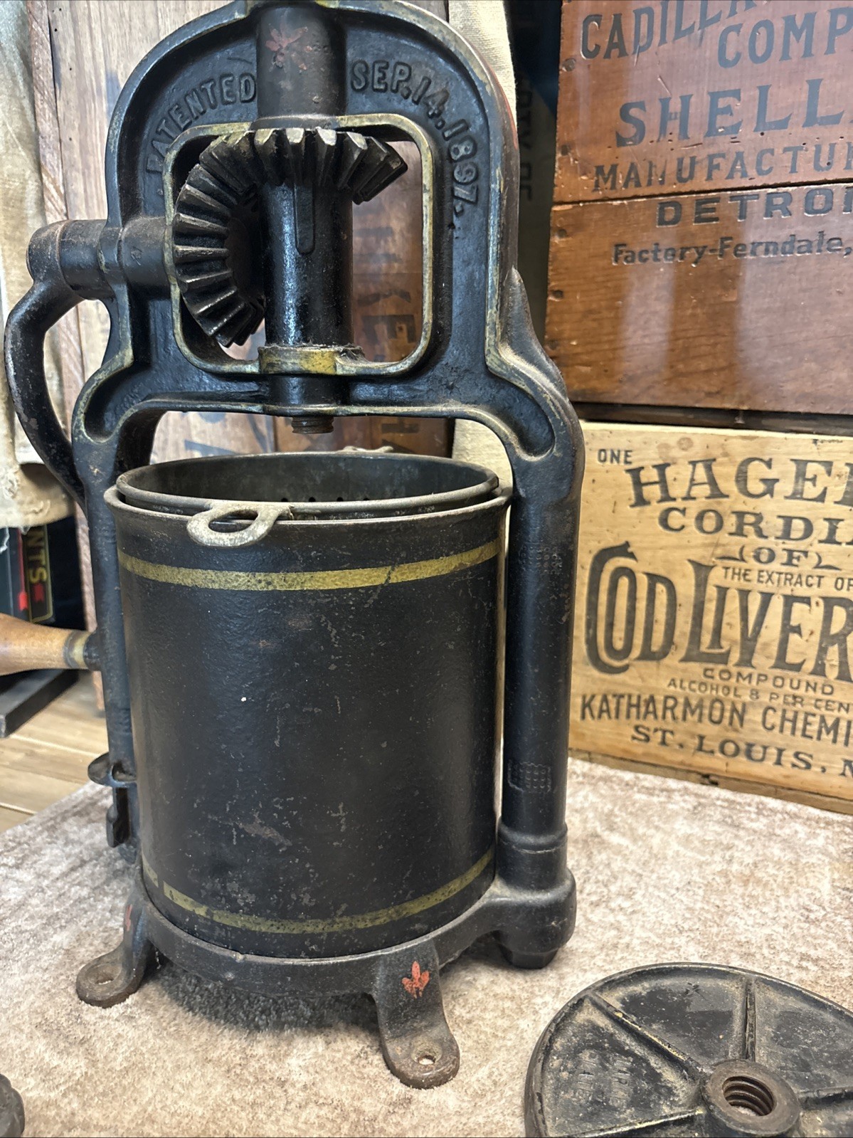 Antique Cast Iron National 4 Quart Fruit Press Sausage Stuffer Philadelphia 1897