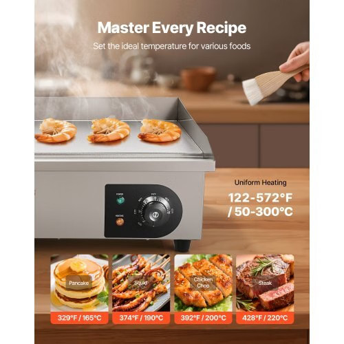 Commercial Electric Griddle, 1750W, 122-570°F Adjustable Temp Control, Stainles