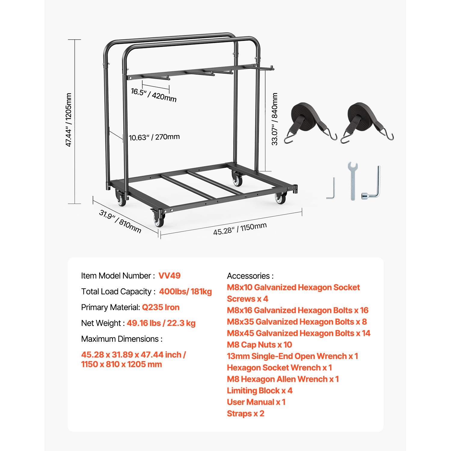 Folding Chair Rack Cart for 5 Tables+14 Chairs of 400LBS with Casters