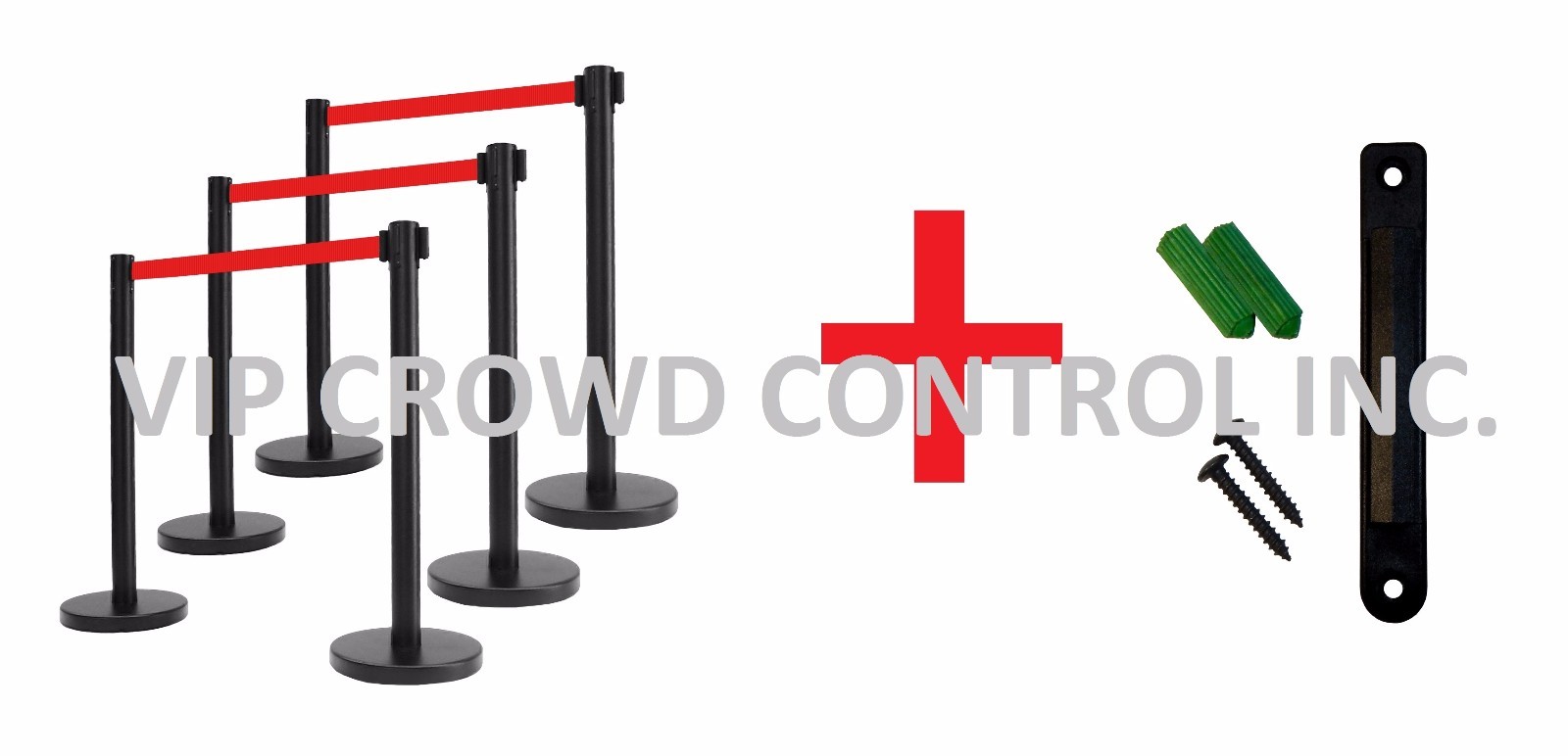 RETRACTABLE STANCHION, 6 POSTS, 36″ HT BLK, 78″ RED BELT, WALL BRACKET