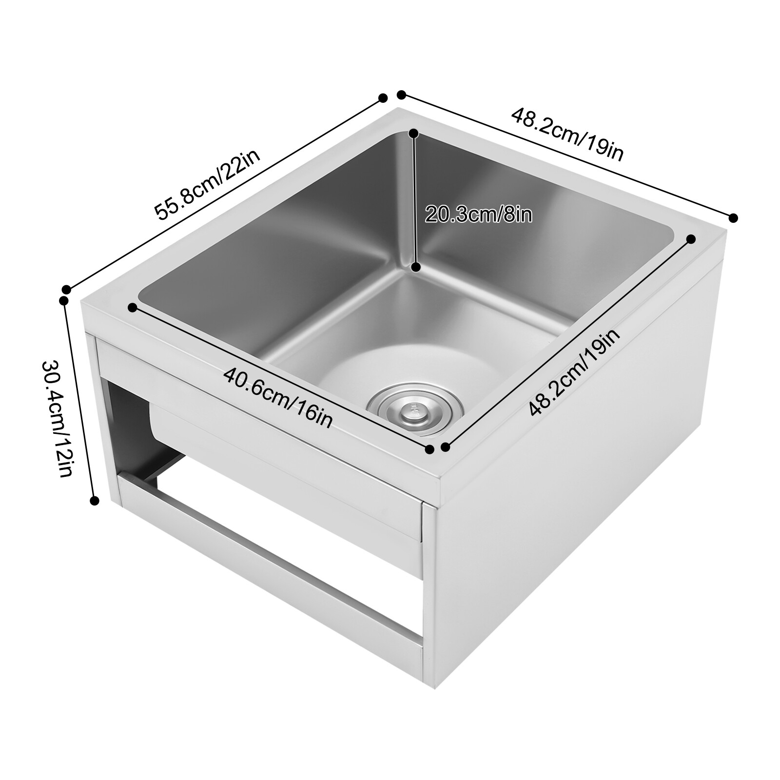 18x19In 304 Stainless Steel Commercial Kitchen Sink Utility Sink Single Bowl