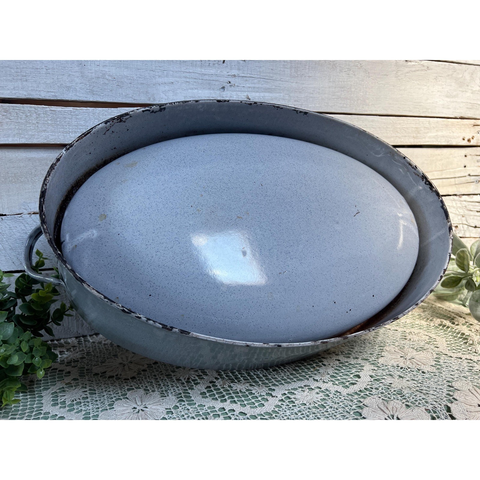 Blue Enamel SAVORY Roasting Pan Farmhouse Rustic Turkey Roaster Thanksgiving