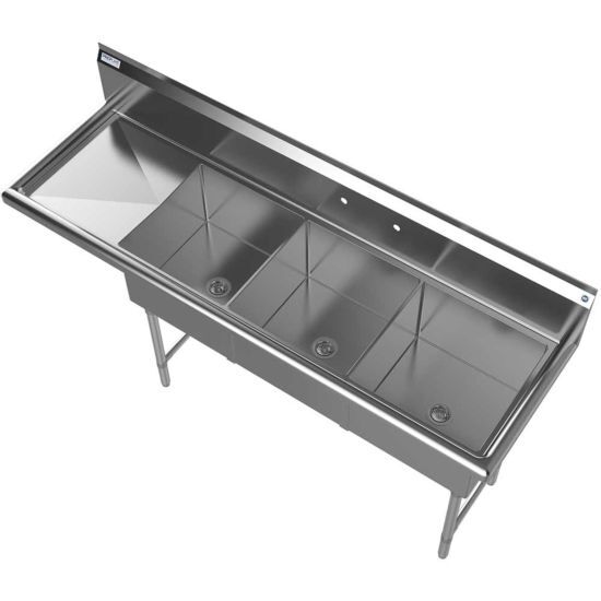 Prepline XS3C-1818-L, 74″ Stainless Steel 3 Compartment Commercial Sink