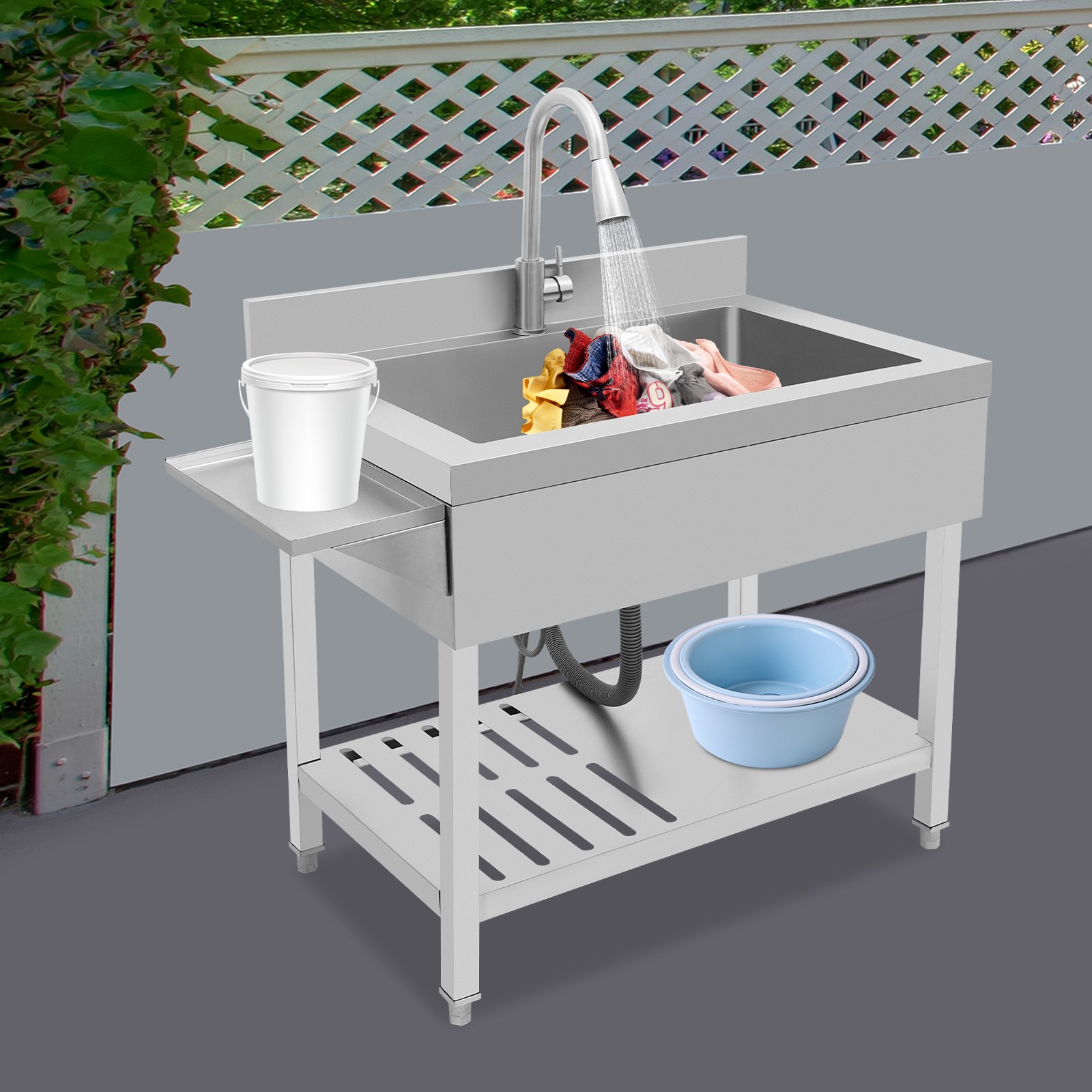 Single Bowl Kitchen Sink Stainless Steel Sink Commercial Sink w/Pull-out Faucet