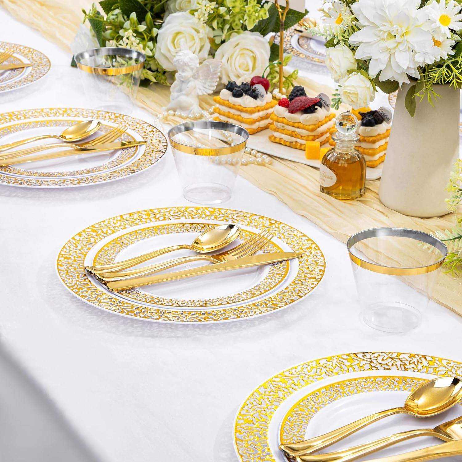 210Pcs Gold Plastic Dinnerware – Disposable Silverware and Cups, Include:30