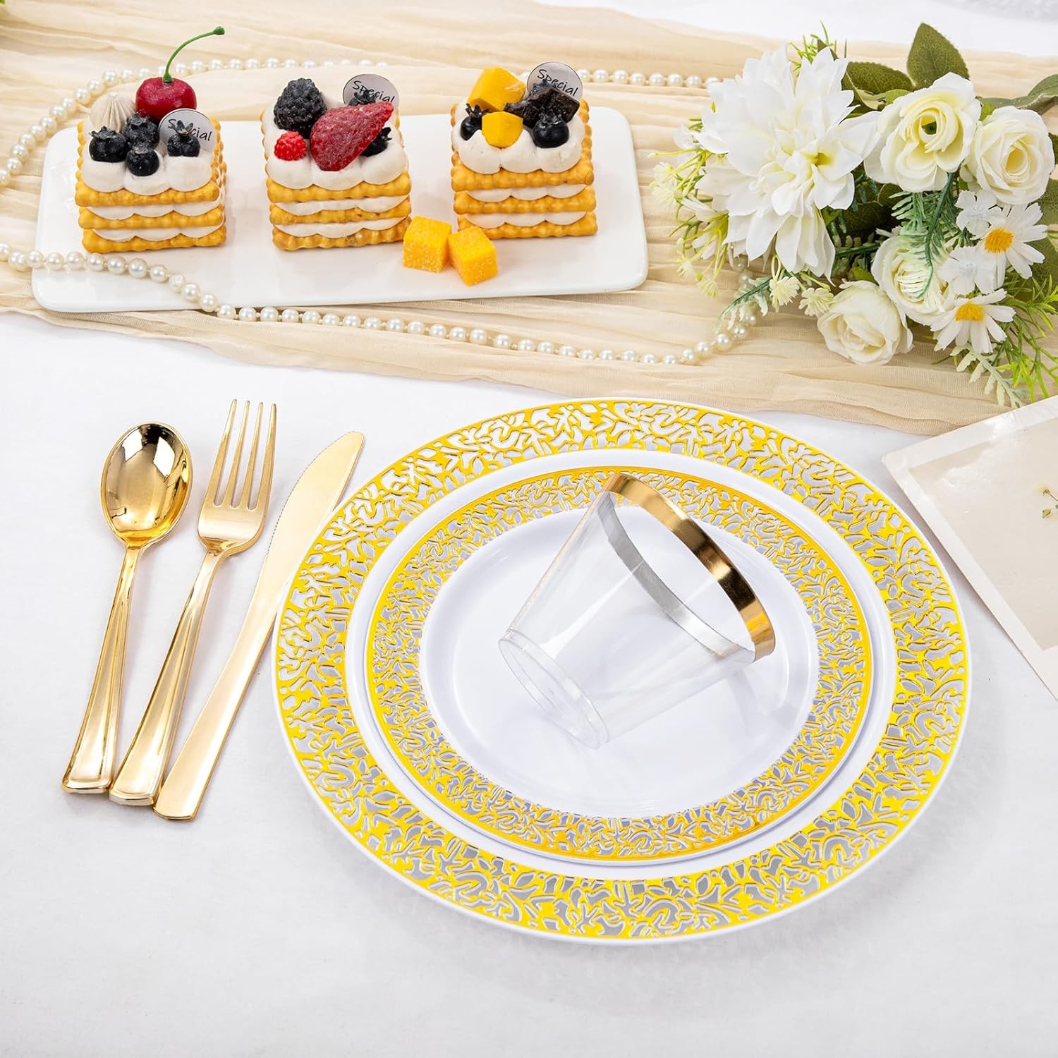 210Pcs Gold Plastic Dinnerware – Disposable Silverware and Cups, Include:30