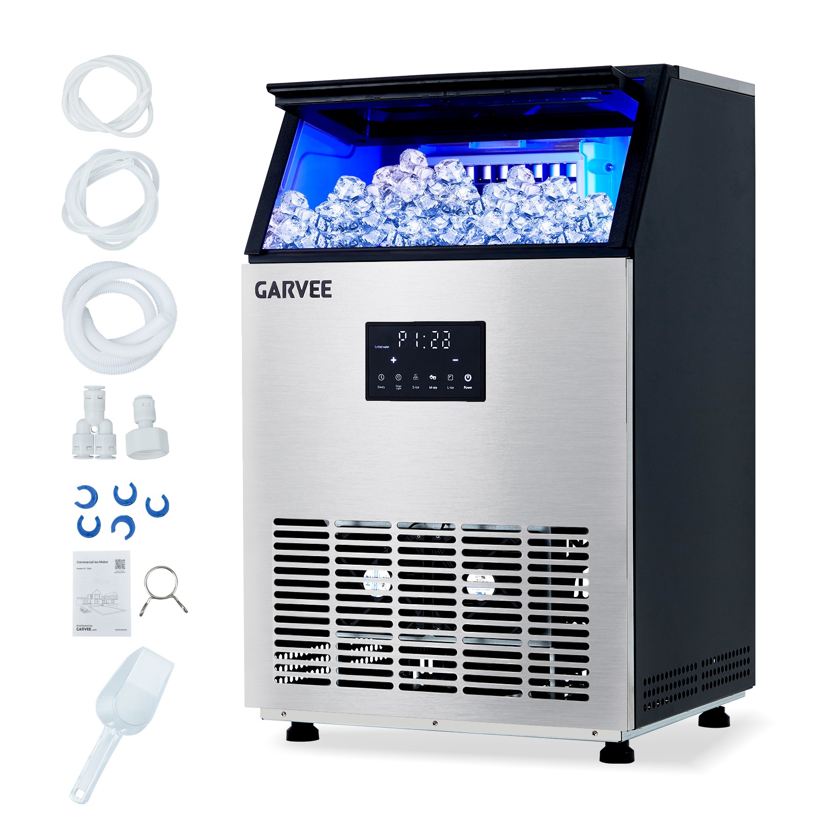 Garvee Commercial Ice Maker,40 Lbs Storage,Freestanding,150 Lbs/24H,3 Ice Sizes