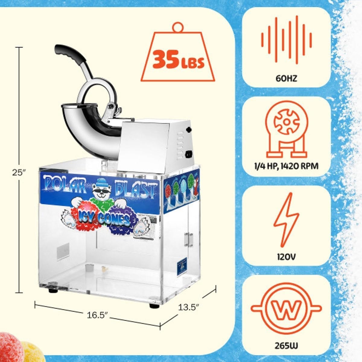 Polar Blast Snow Cone Machine – Acrylic Crushed Ice Maker Grinds Up to 500lbs…