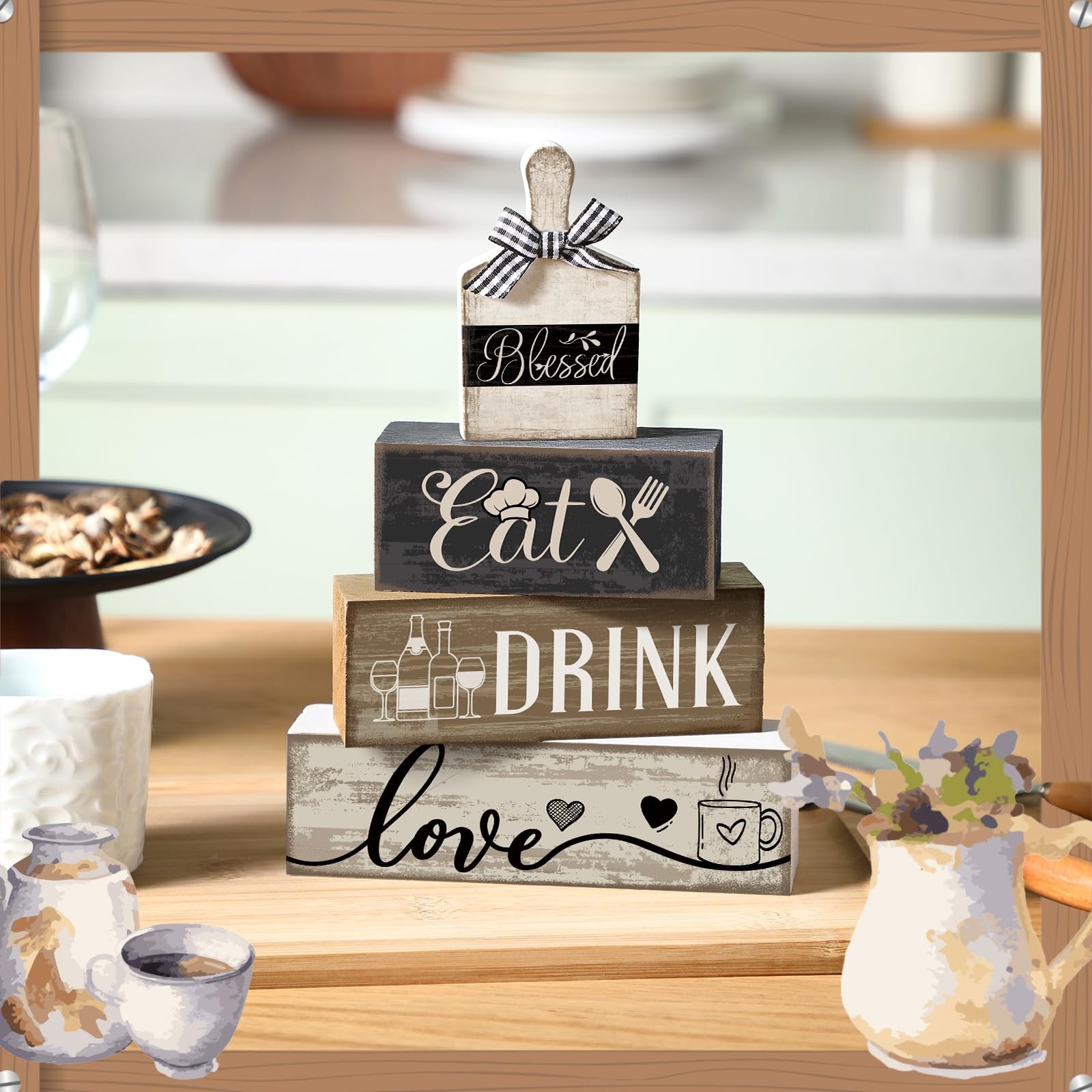 Moucuny 4 Pcs Farmhouse Kitchen Decor Wooden Plate Table