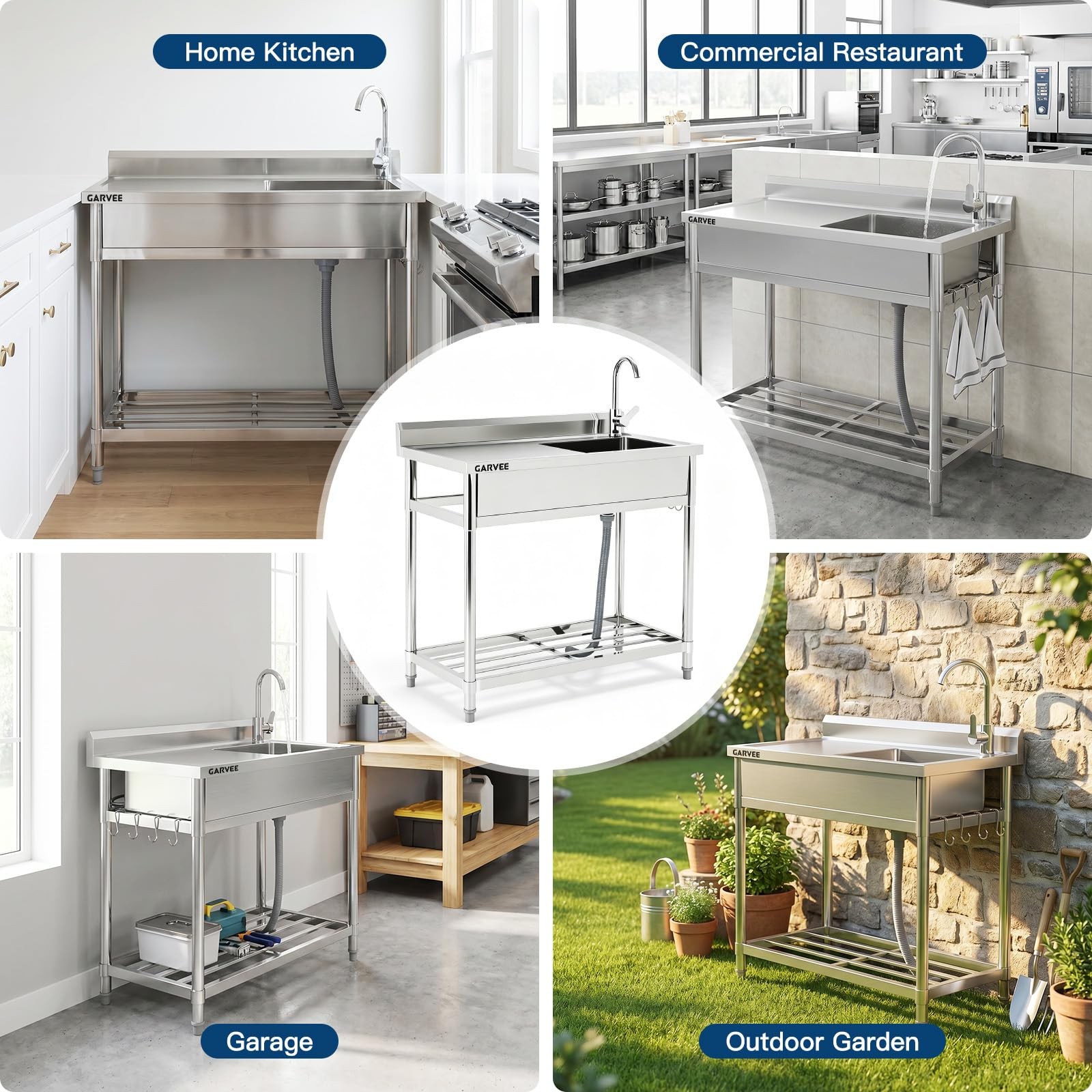 39»x20»x37» Stainless Steel Utility Sink Freestanding Single Bowl with Faucet