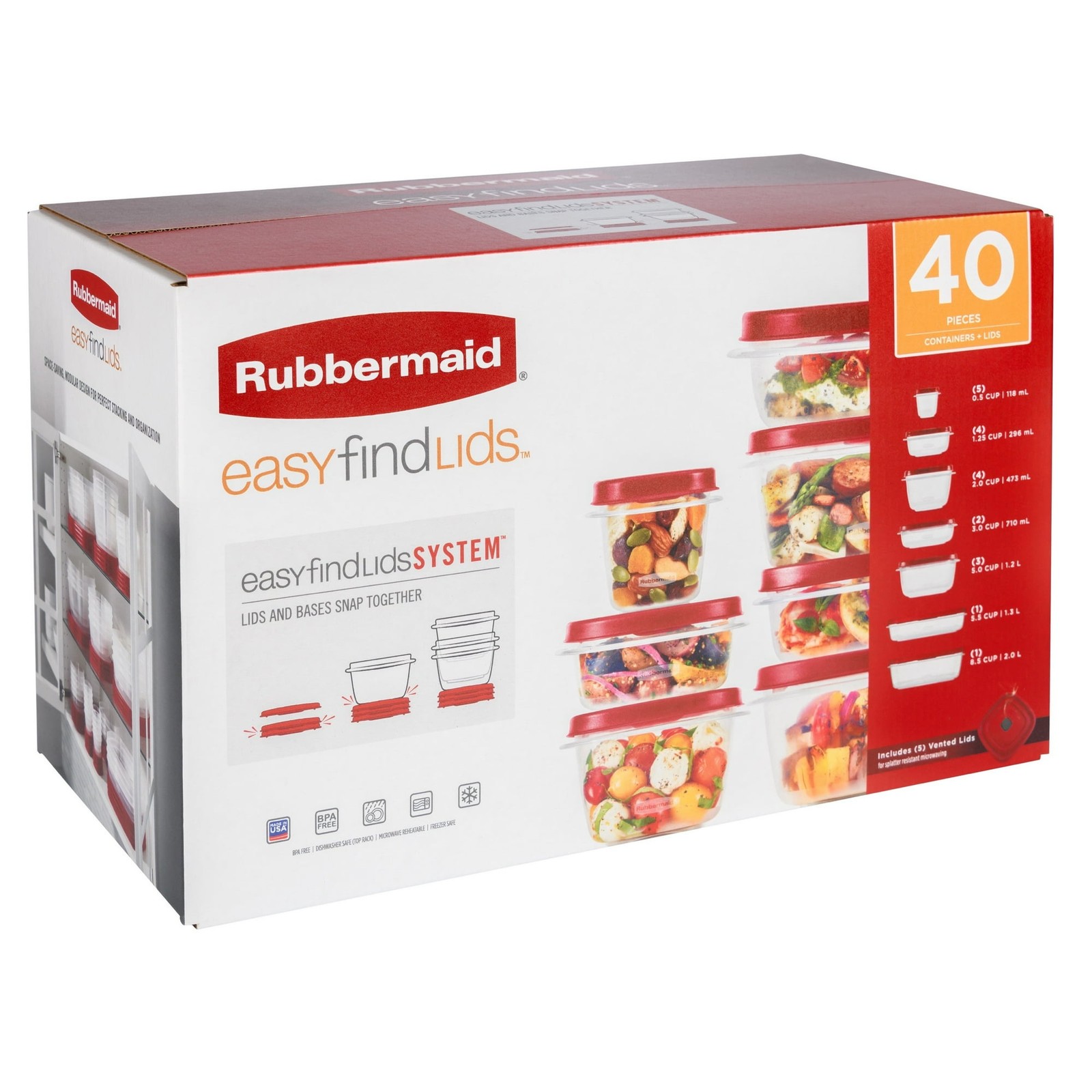Rubbermaid EasyFindLids 40 Piece Food Storage Containers Vented Lids Set Red New
