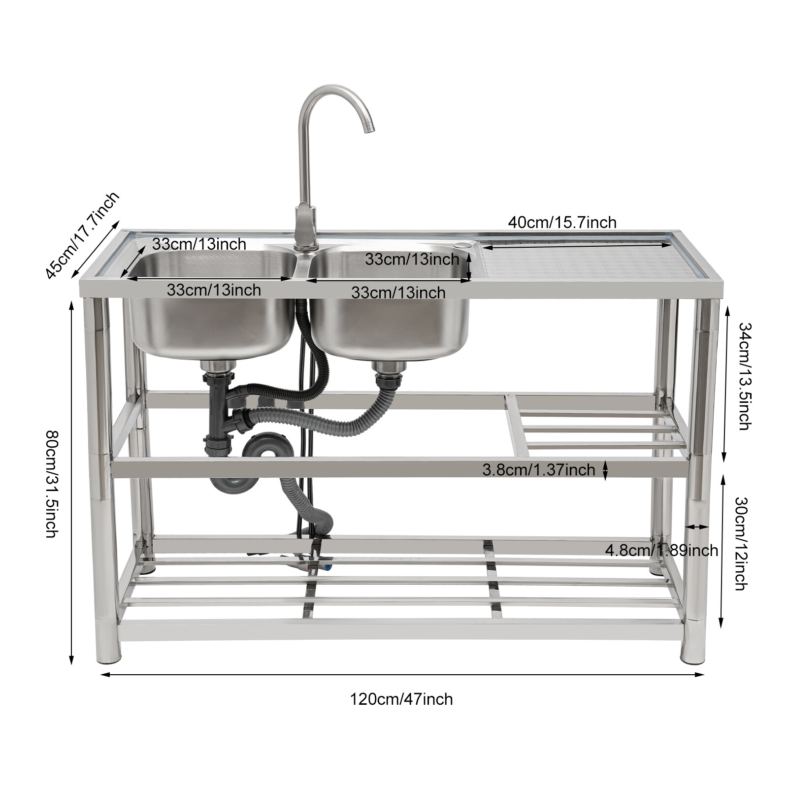 Free Standing Commercial Kitchen Sink Stainless Steel Dual Bowl For Restaurant