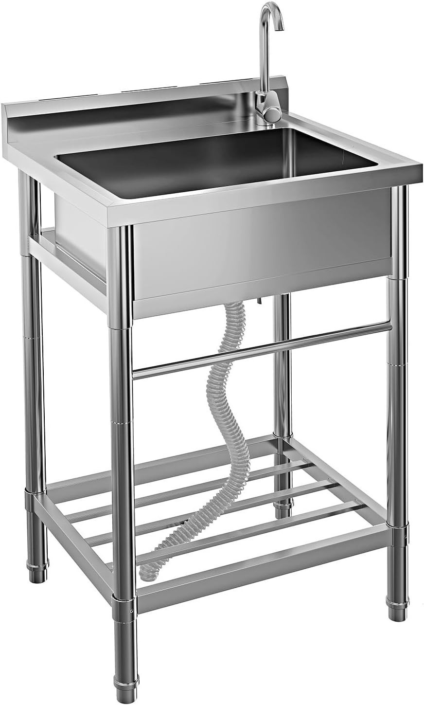 Free Standing Utility Sink Single Bowl Commercial Sink Cold and Hot Water Pipe