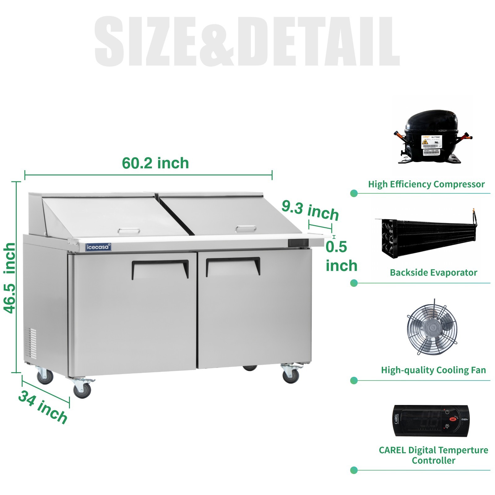 60″ Mega Top Sandwich Prep Table, ICECASA 3 Door Food Bain Marie Cooler, 24 Pans