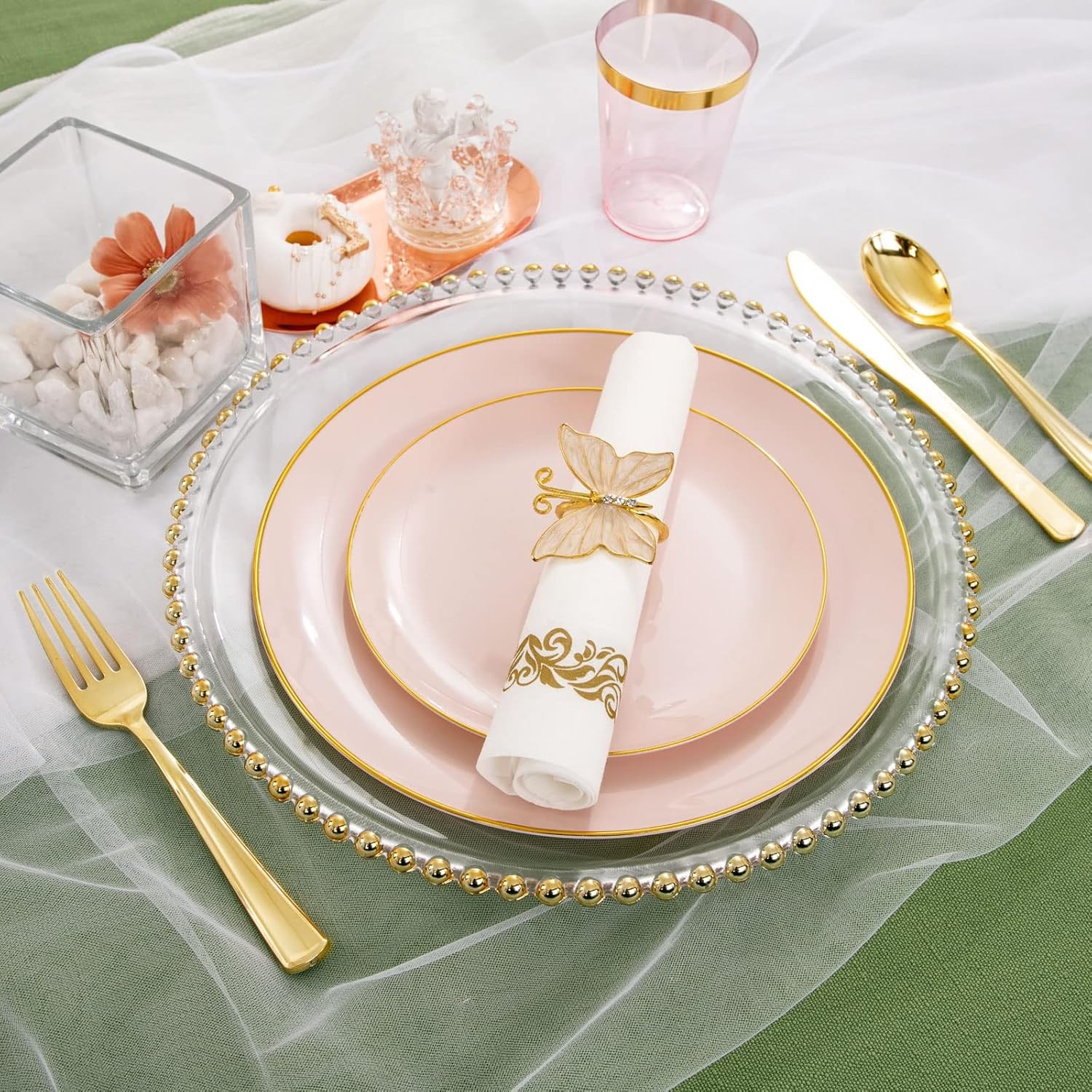 210Pcs Plastic Pink Plates with Gold Plastic Silverware Set Include 30Pink