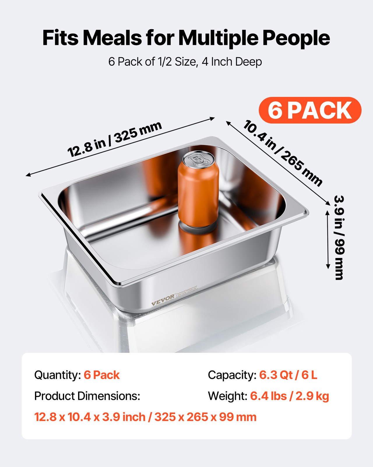VEVOR 1/2 Size Hotel Pans Steam Table Pans 4 Inch Deep Stainless Steel 6 Pack