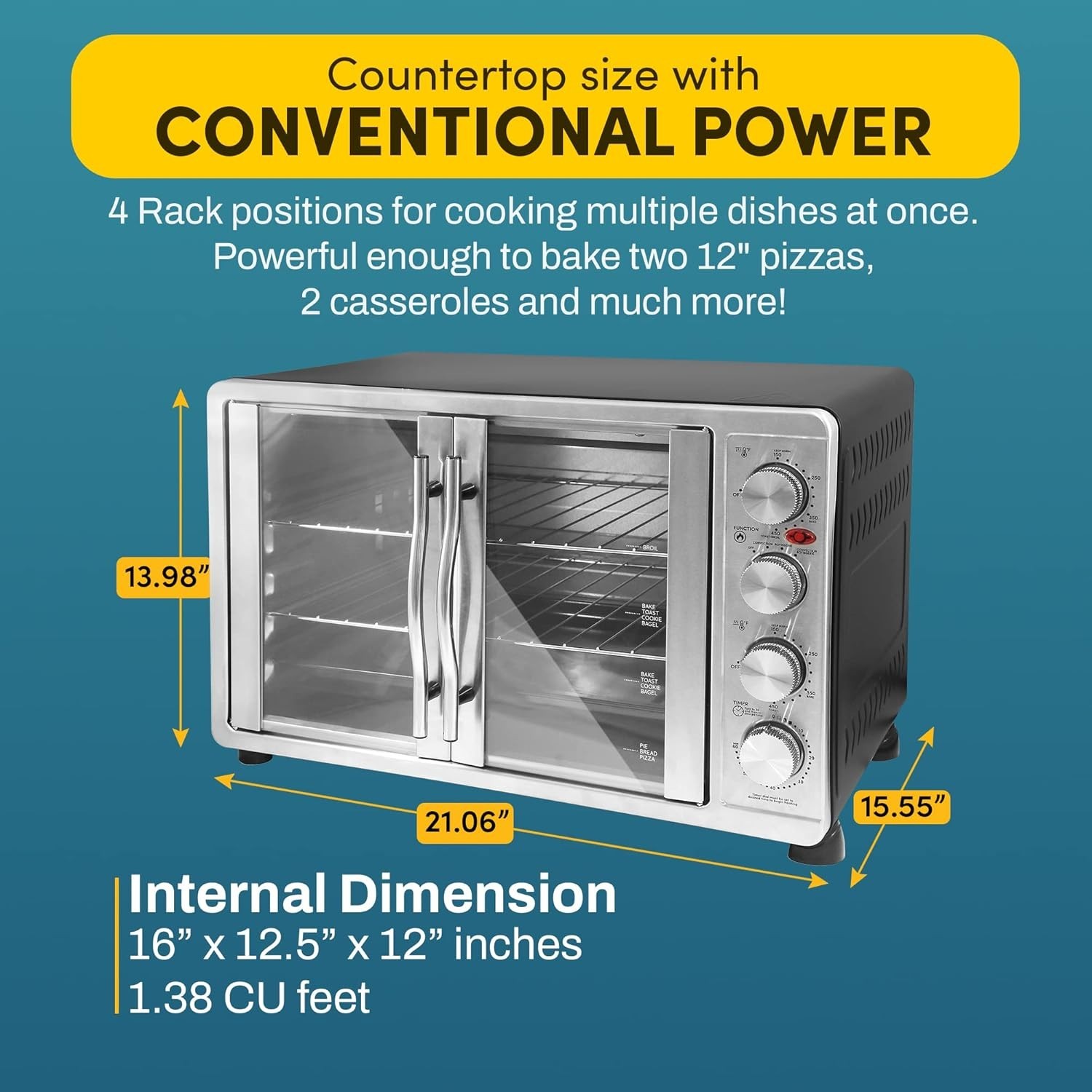 Elegant 47.5Qt French Door Convection Oven with Rotisserie & 18-Slice Capacity