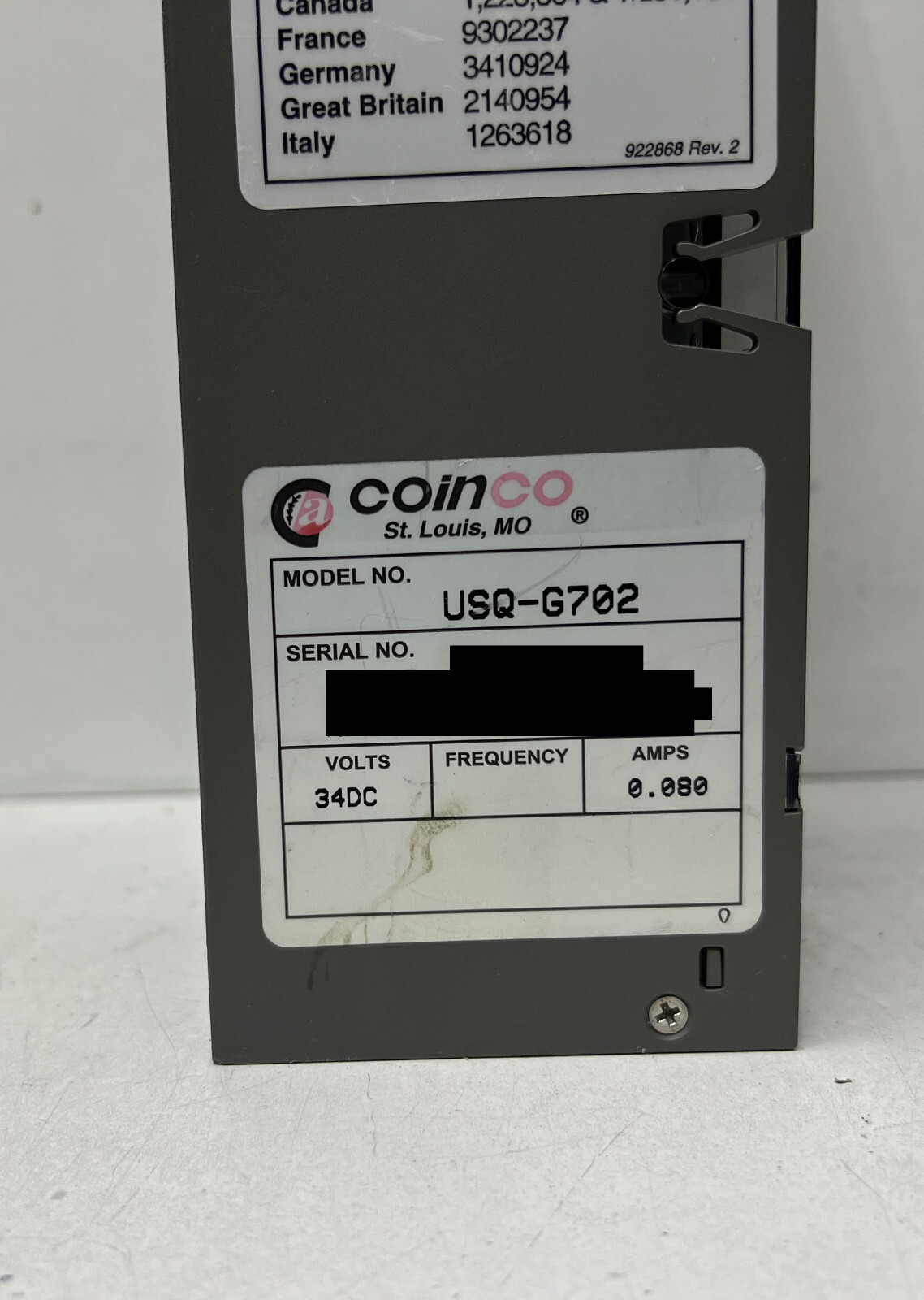 Coinco Quantum 700 Series USQ-G702 4 Coin Tube MDB Coin mech