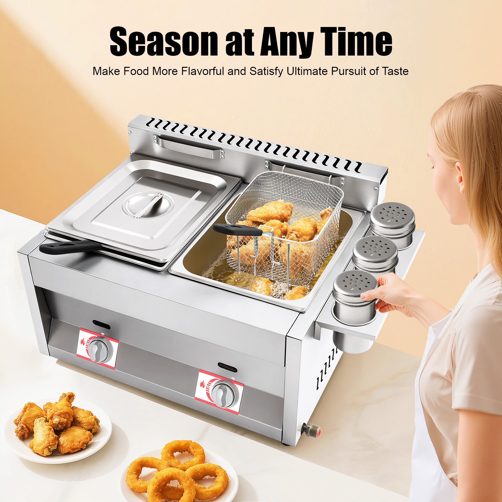 23.74*18.11*13.18″ Silver Commercial Dual Tank Kitchen Deep Fryer W/ Basket& Lid