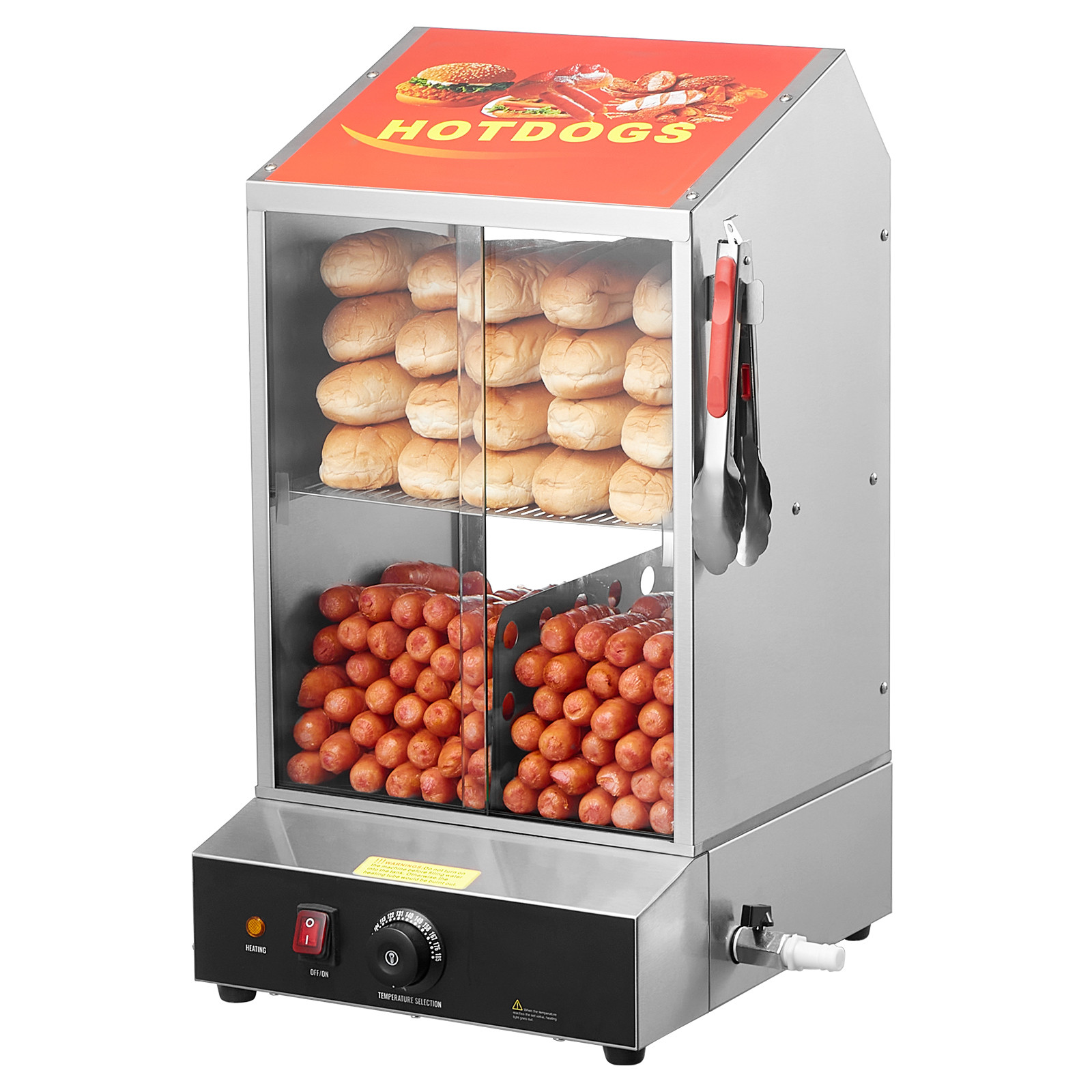 40L Commercial Hot Dog Bun Steamer 2-Tier Electric Warmer Display Slide Doors