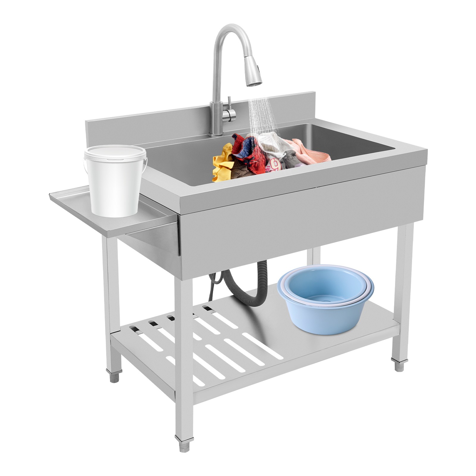 Single Bowl Kitchen Sink Stainless Steel Sink Commercial Sink w/Pull-out Faucet