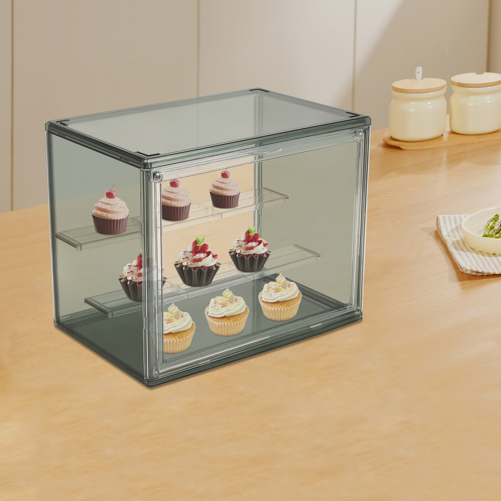 Display Case Bread Box for Kitchen Countertop, 2 Tier PET Display Shelf