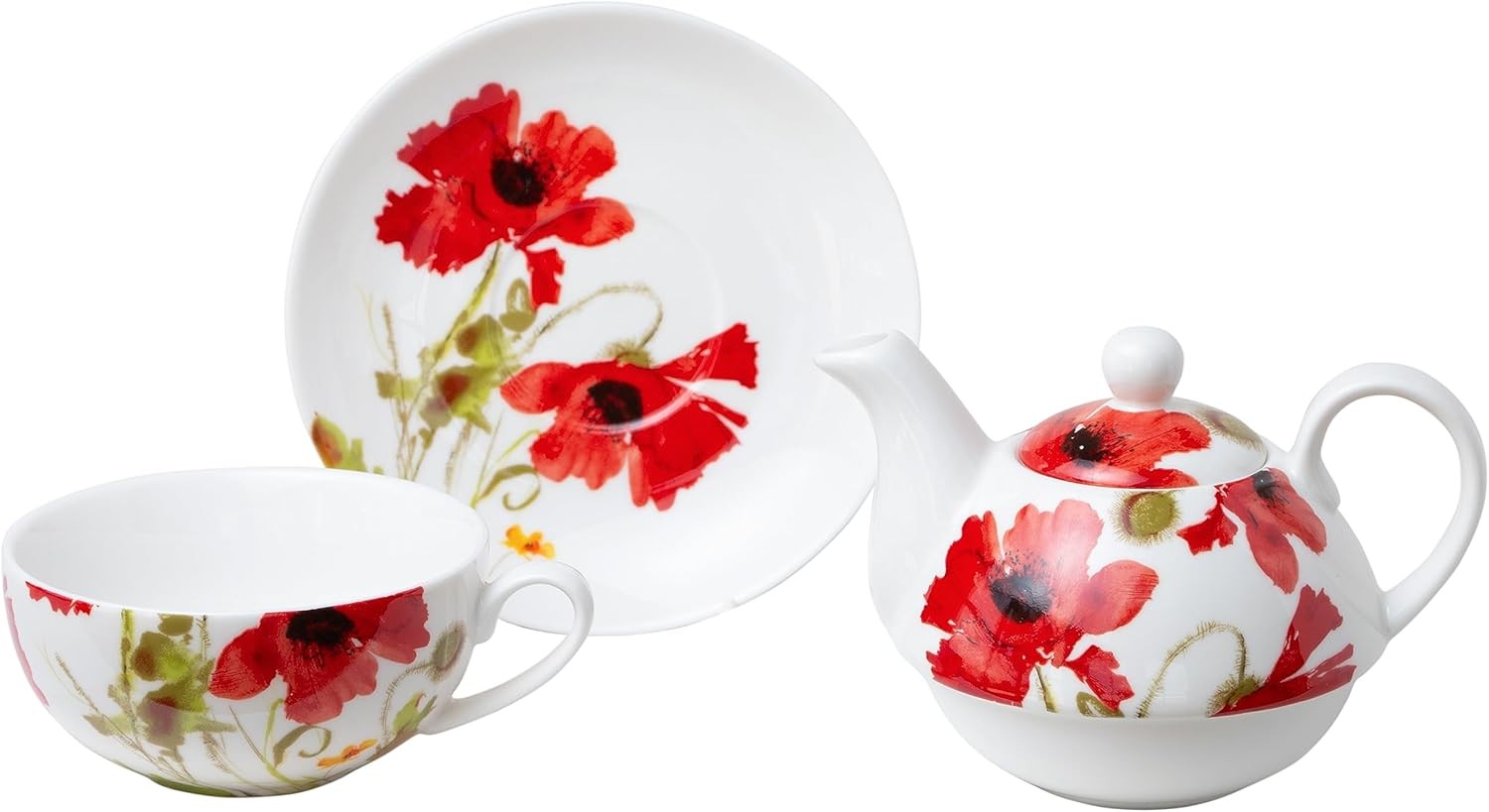 Porcelain 4-Piece Tea For One (Red Wild Poppy Floral)