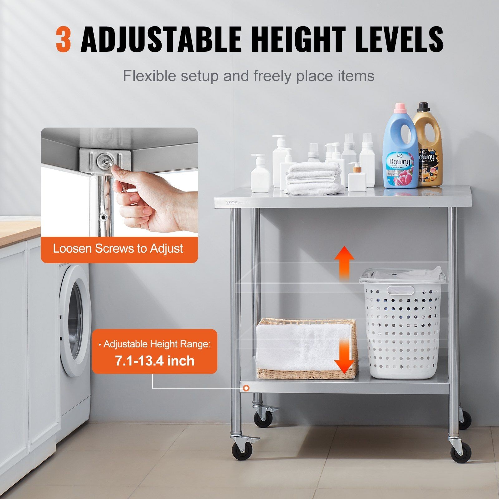 36x24x38in 3-Level Adjustable Stainless Steel Work Table with 4 Wheels