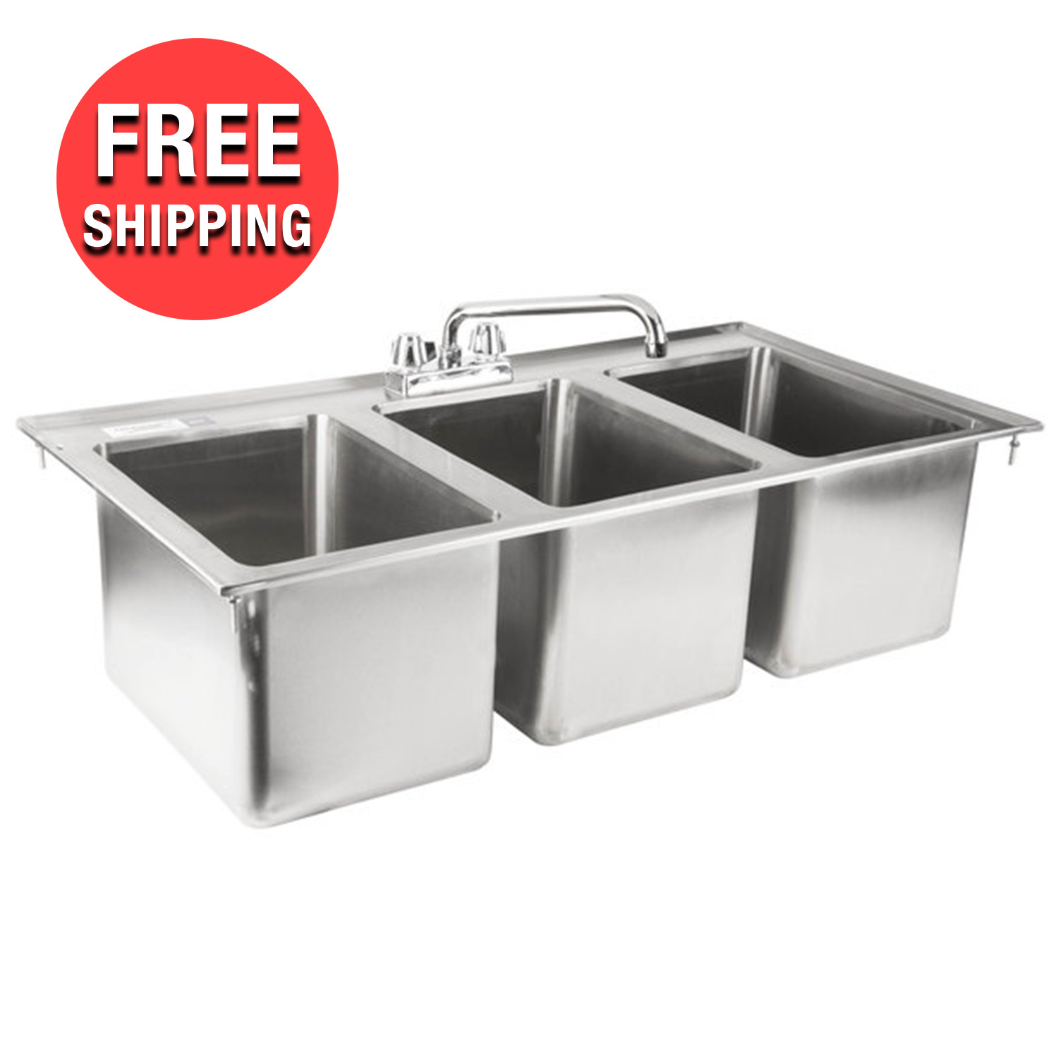 Commercial 37″ Three Compartment Bowl Faucet Stainless Steel NSF Drop-In 3 Sink
