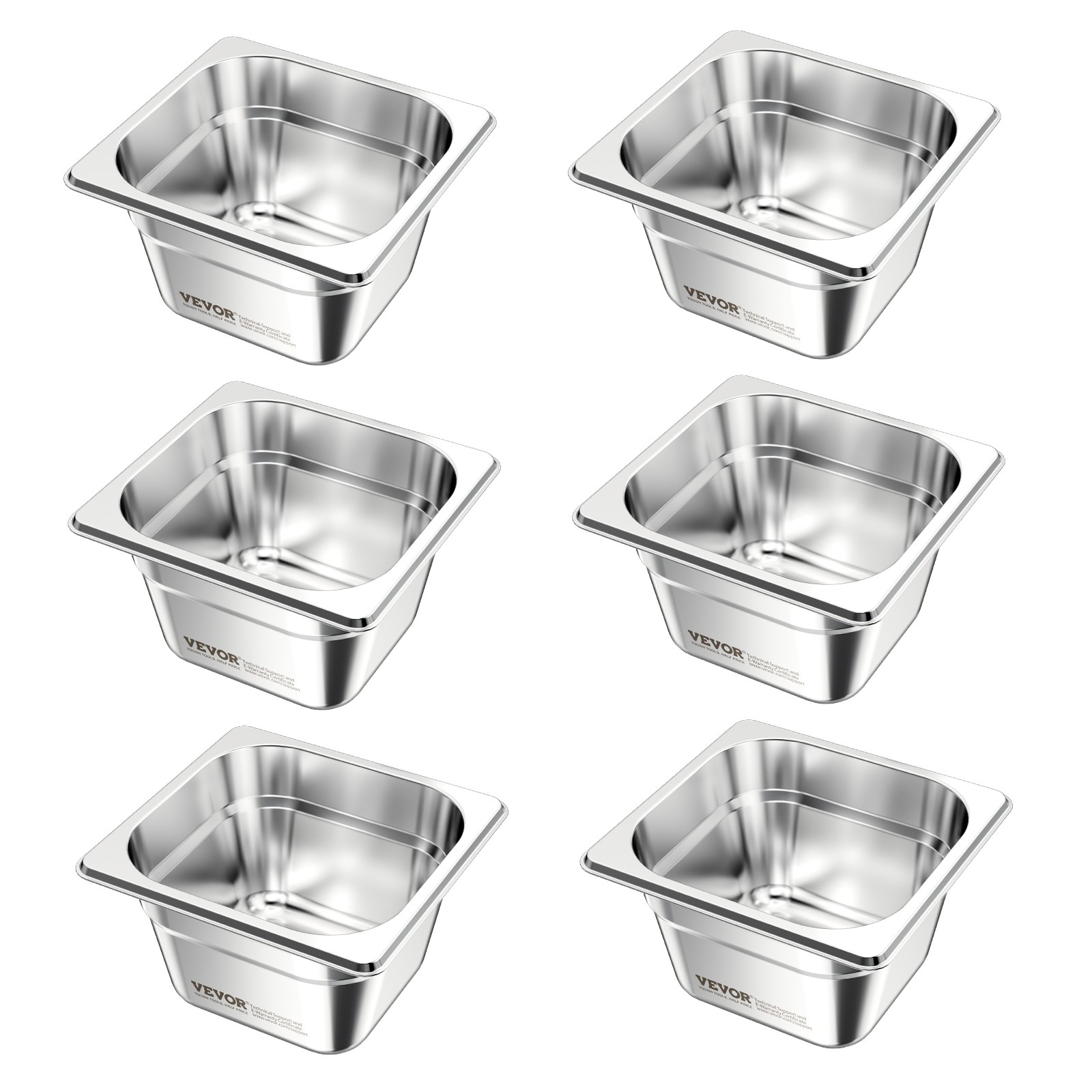 VEVOR 1/6 Size Hotel Pans Steam Table Pans 4 Inch Deep Stainless Steel 6 Pack