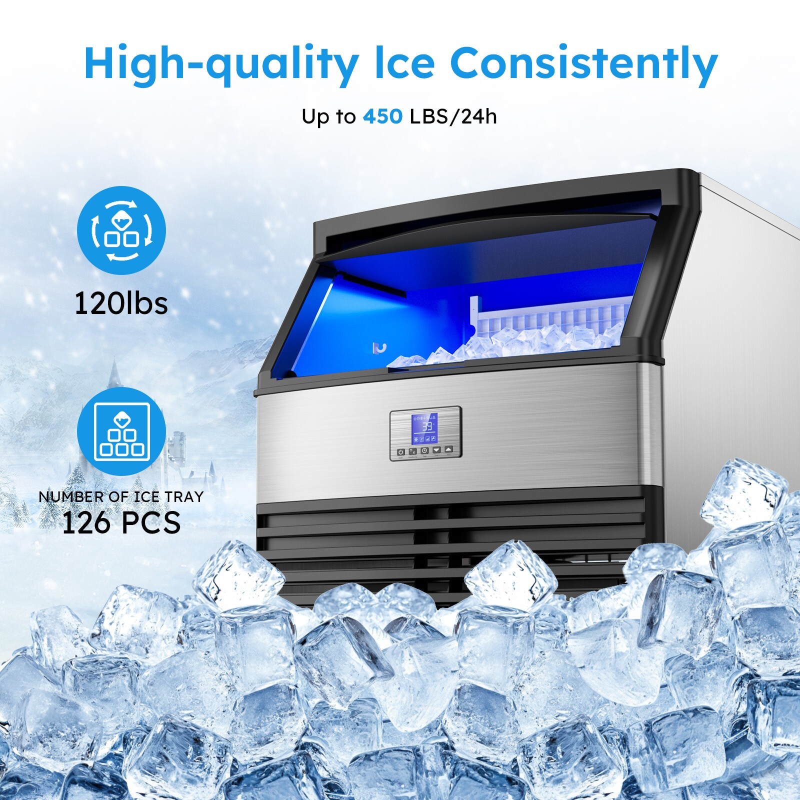 450lbs/24h Commercial Ice Machine, Industrial Ice Maker Machine, Freestanding