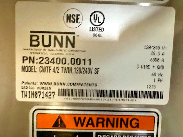 «BUNN CWTF4/2,TWIN»POUR OVER OR DIRECT LINE COFFEE BREWER W/6 WARMERS, 1PH
