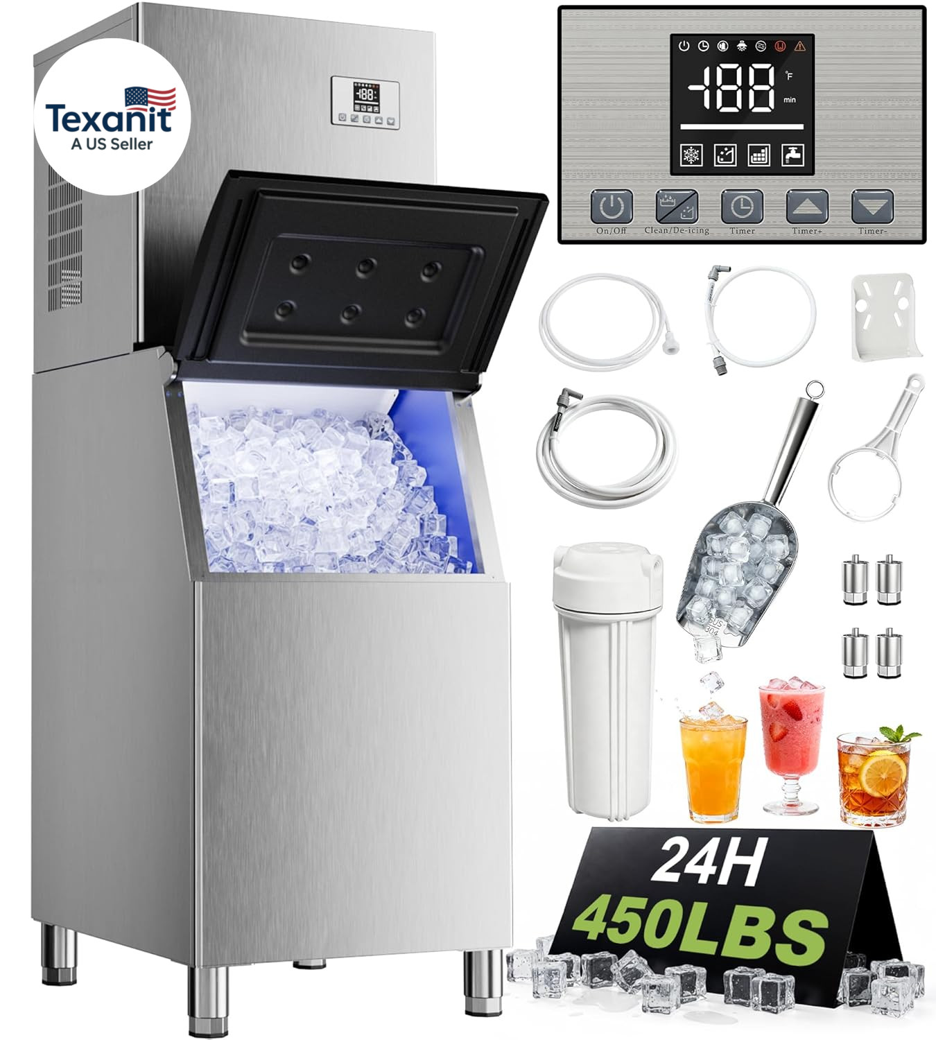Commercial Ice Maker Machine 450Lbs/24H with 250Lbs Storage, Self-Cleaning Mode,
