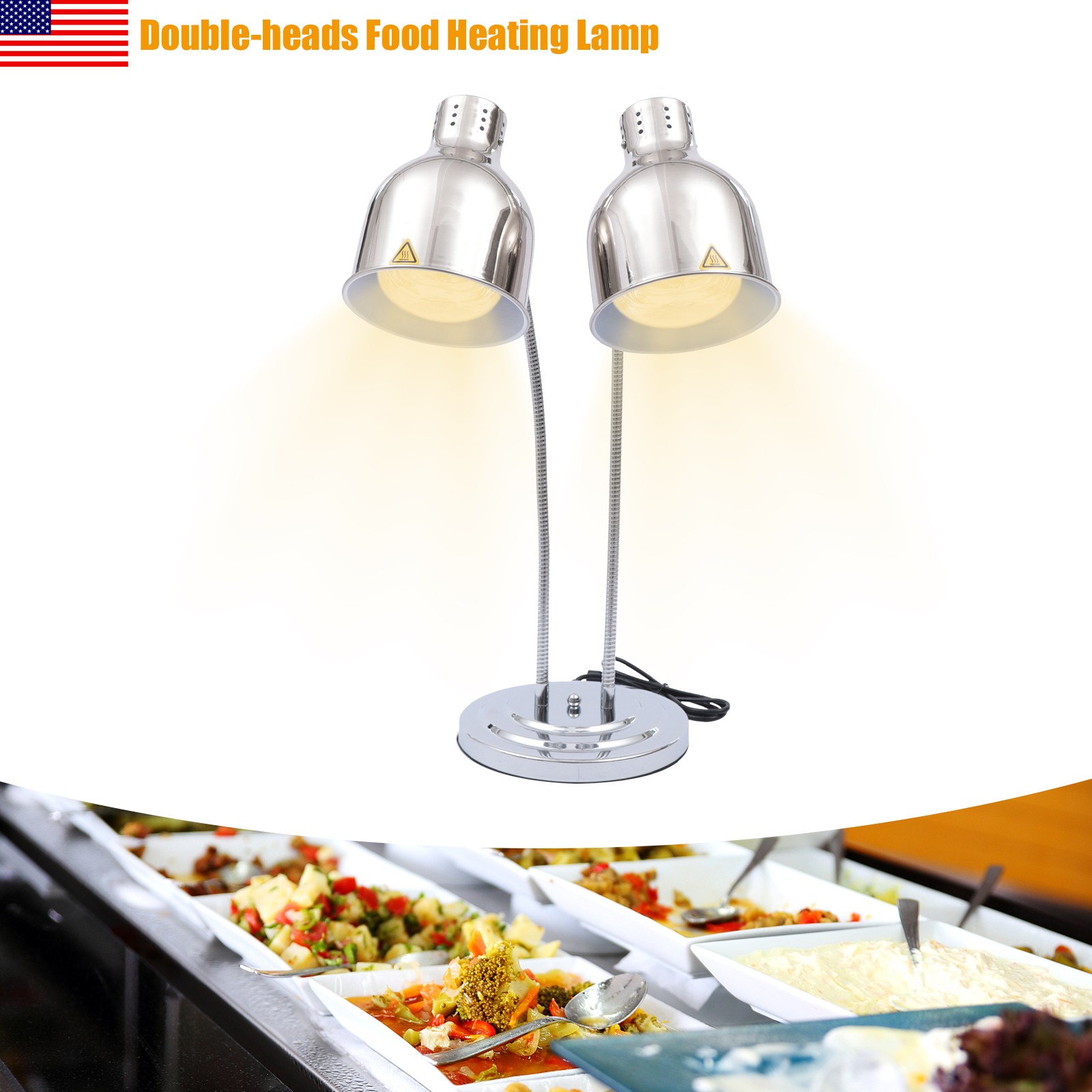 2 Heads Infrared Light Food Warmer Buffet Food Warmer Heating Lamp Heater 250W*2