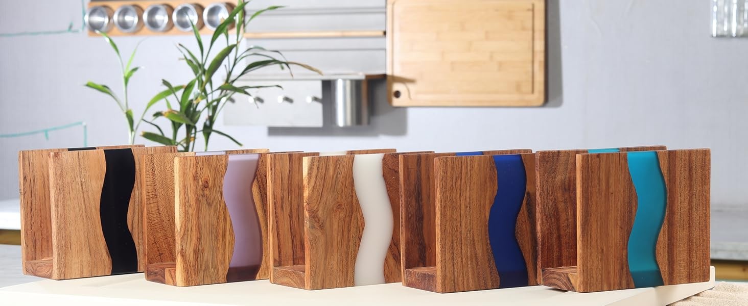 Acacia wood & Transparent Epoxy resin Napkin holder for table, Rustic farmhouse