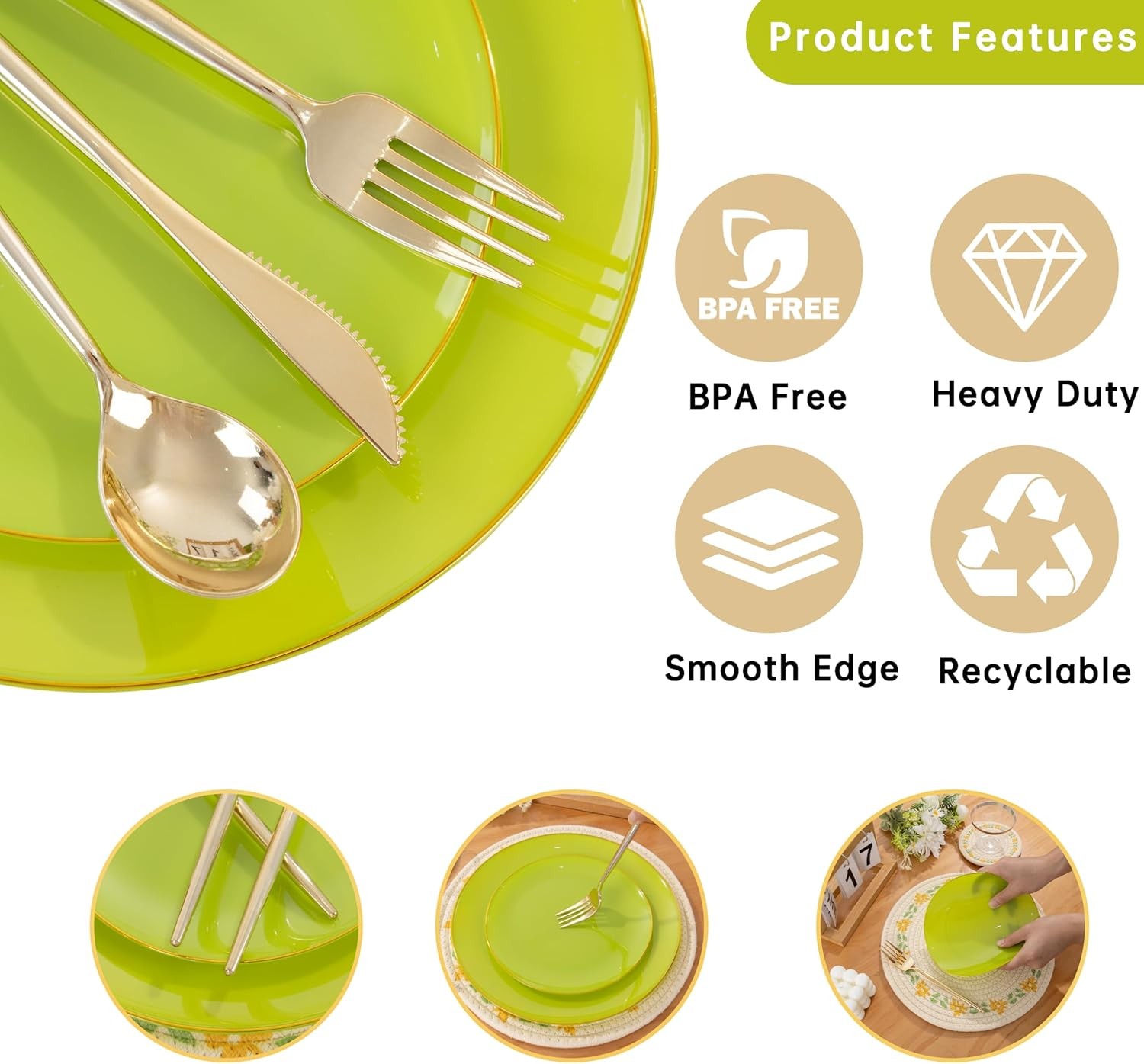 MirthMood 210pcs Green Plastic Plates,Disposable Green Gold Party Plates,Include