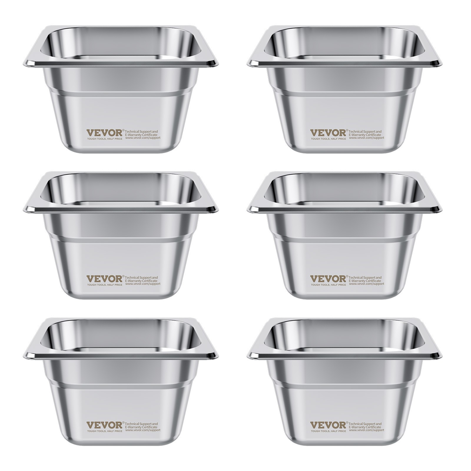 VEVOR 1/6 Size Hotel Pans Steam Table Pans 4 Inch Deep Stainless Steel 6 Pack