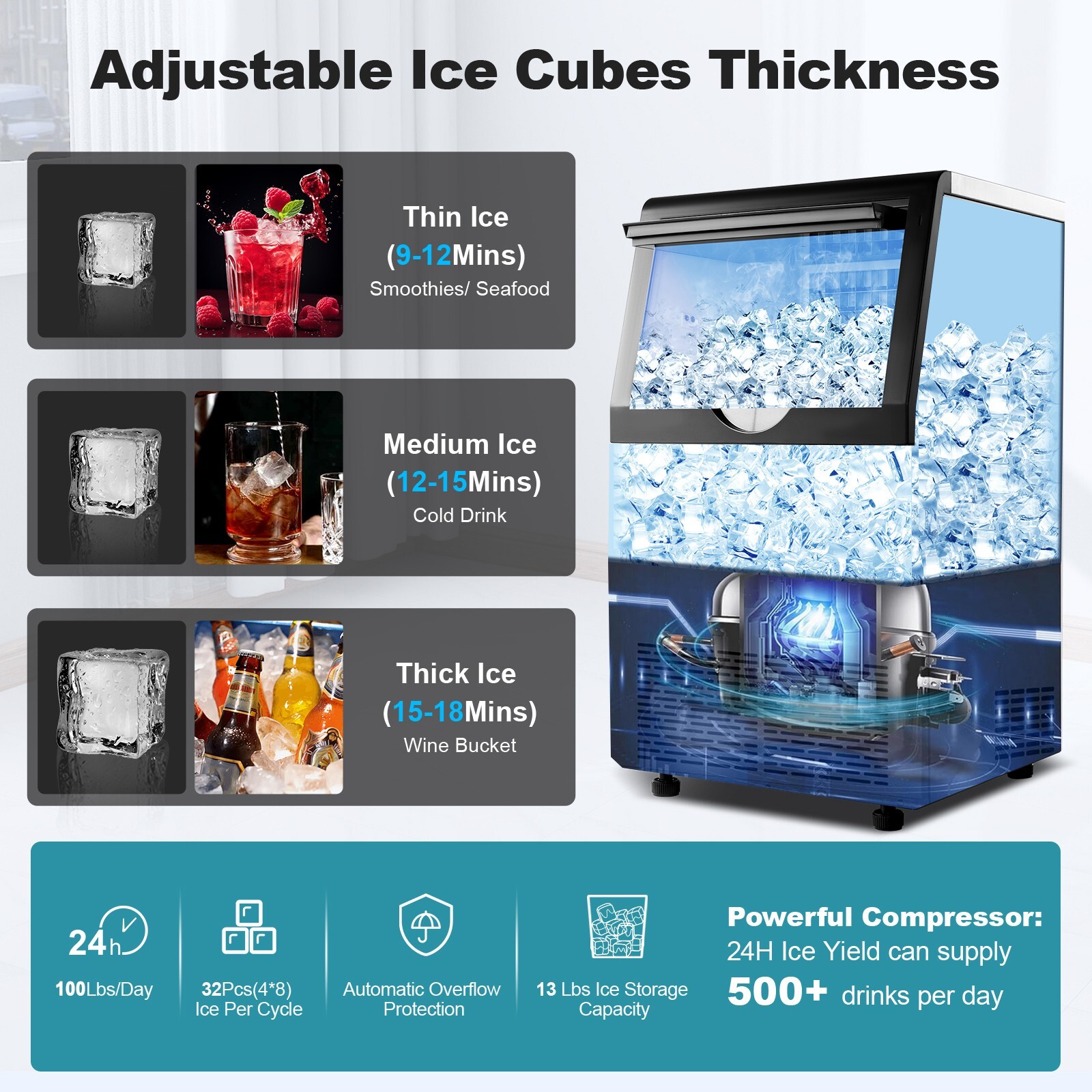 Built-in Commercial Ice Maker 100lbs Stainless Steel Bar Restaurant Cube Machine