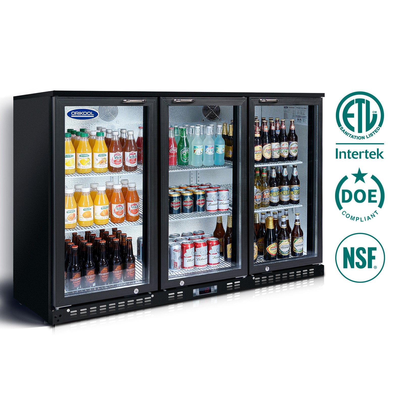Back Bar Cooler 3 Hinged Glass Doors,LED,480 Cans,Easy Access