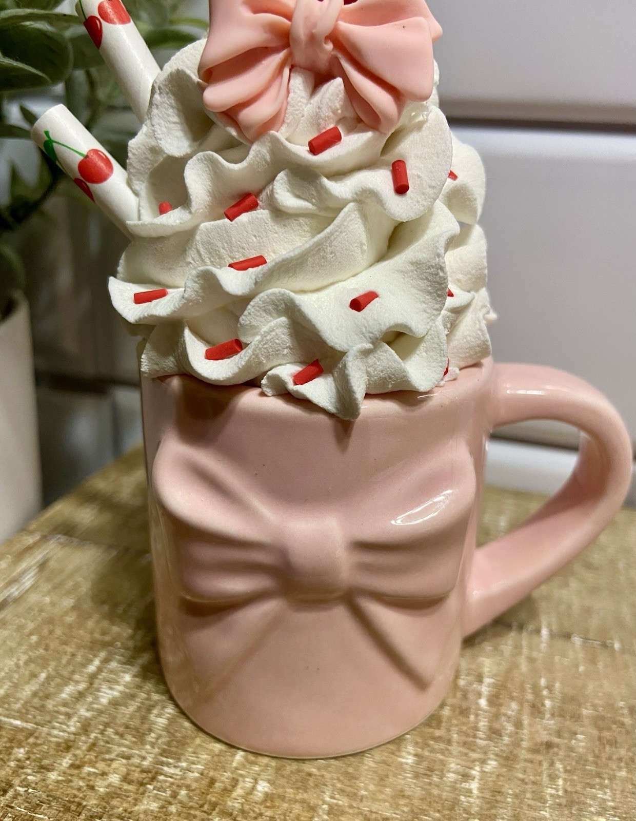 Cute PINK Mini Ceramic Mug Faux Fake Whipped Cream Tiered Tray Decor HANDMADE