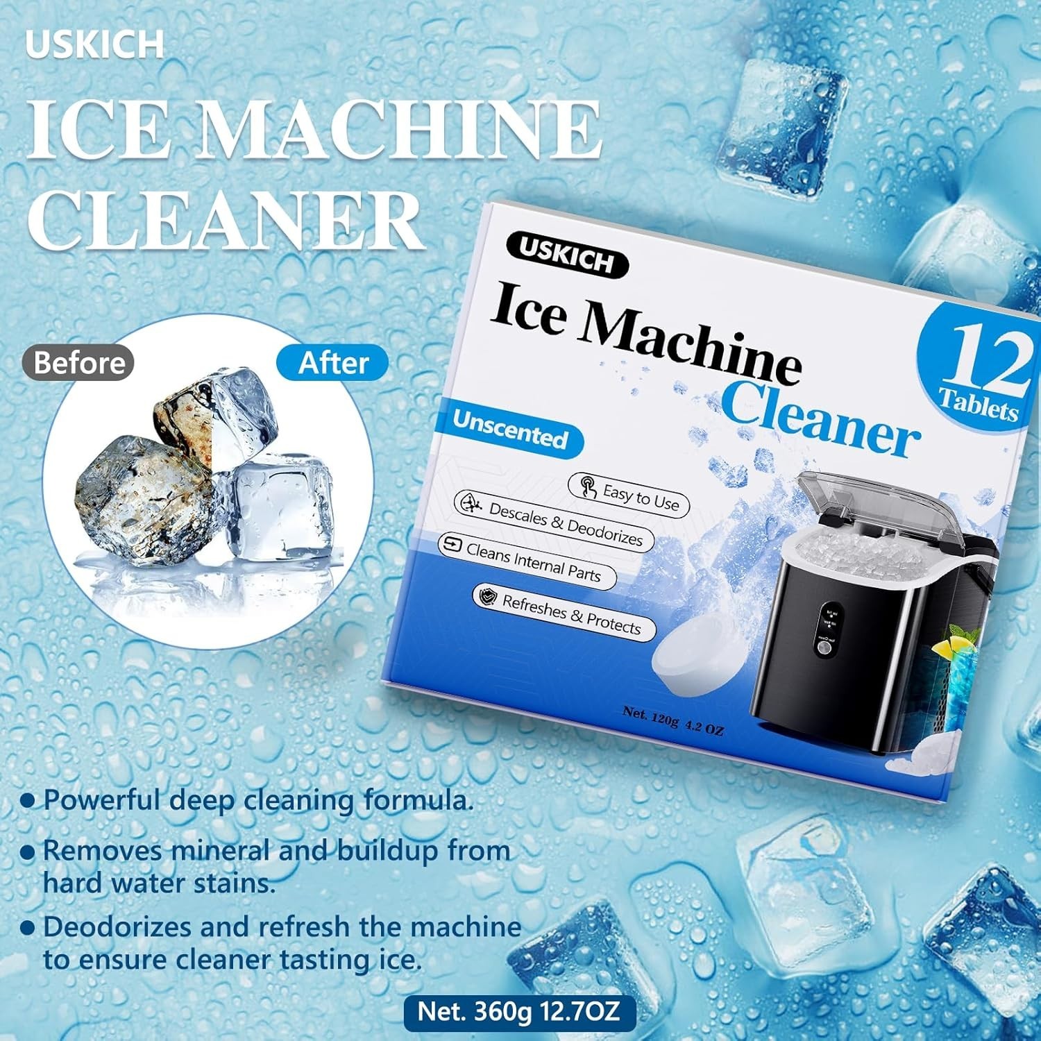 12 Pack Ice Machine Cleaner Tablets – Non-Toxic Descaler for Crystal Clear Ice