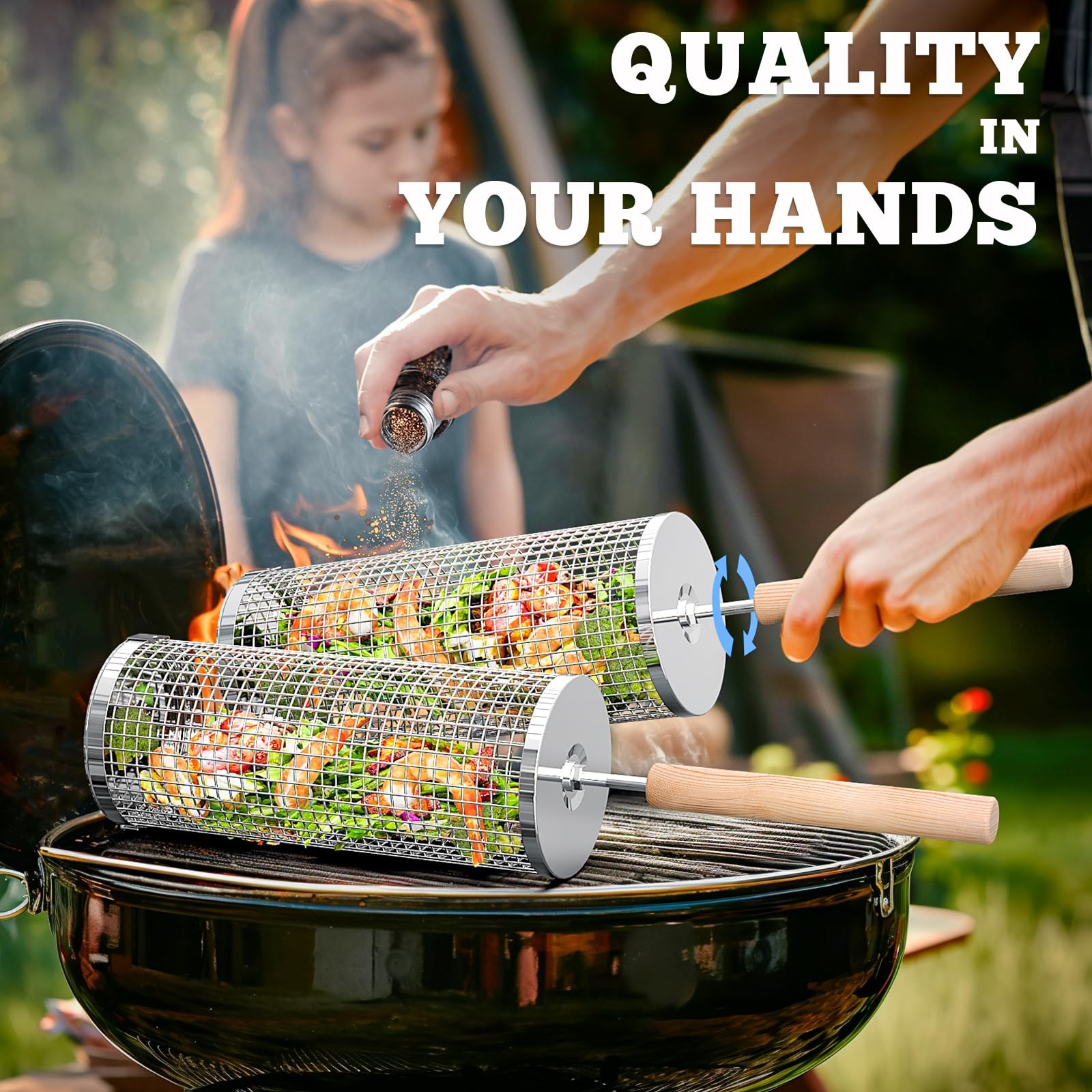Ivtivfu Rolling Grill Basket Removable Wooden Handle 304 Stainless Steel