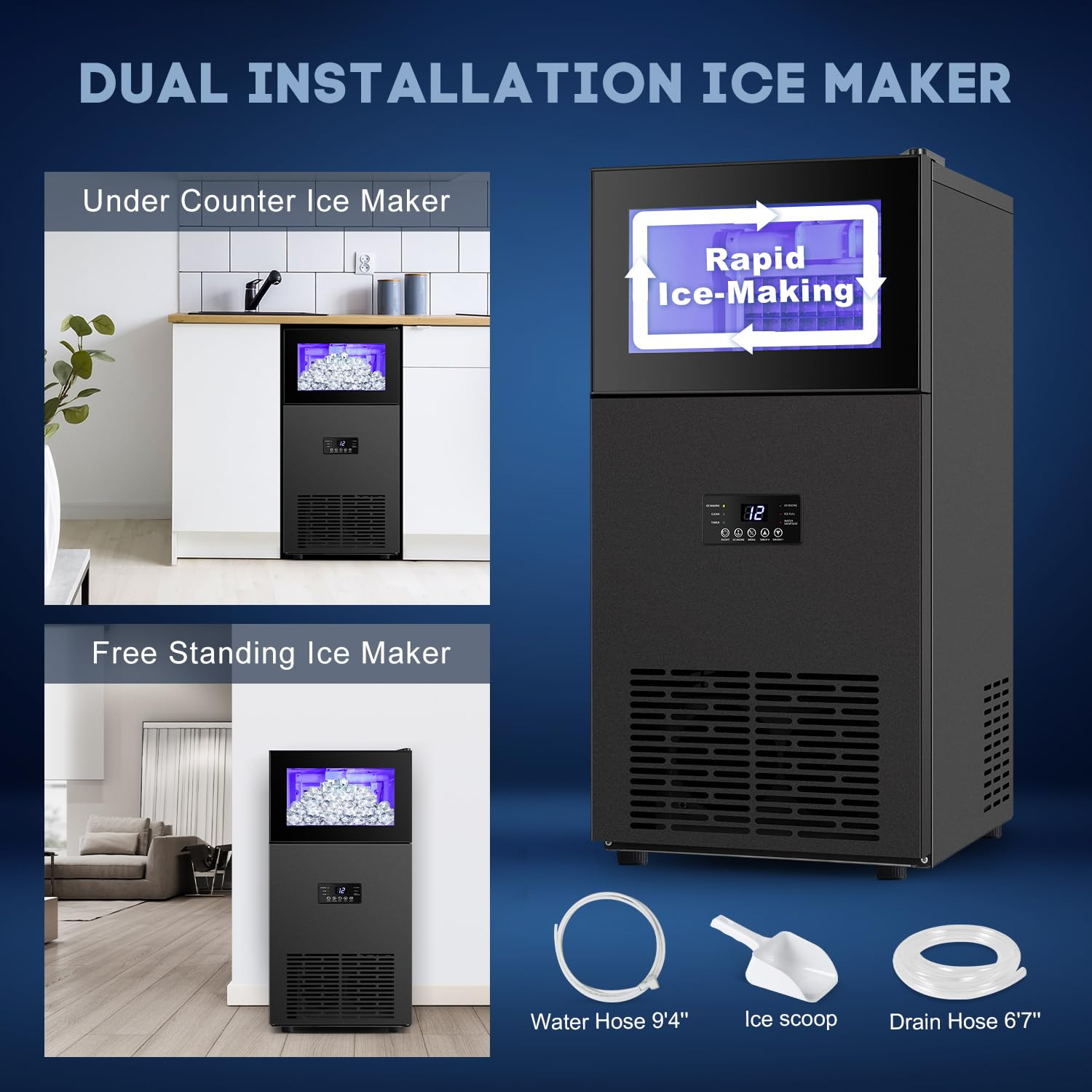 Commercial Ice Maker, 160Lbs/24H with 35Lbs Ice Capacity, 63Pcs Clear Ice Cubes