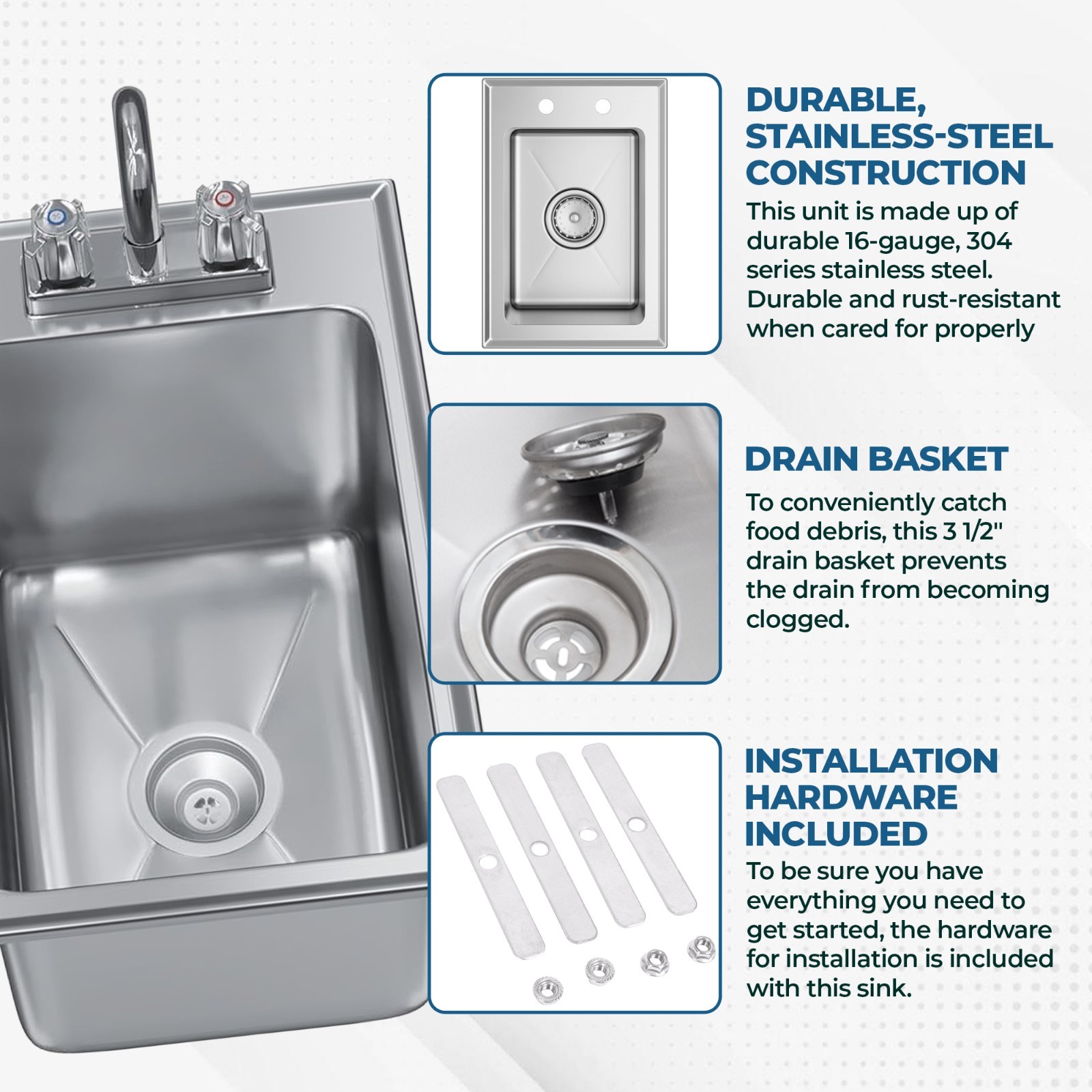 Stainless Steel 1 Compartment Drop in Sink 18.5″x13x10″ – Bowl Size 10″x14″x10″